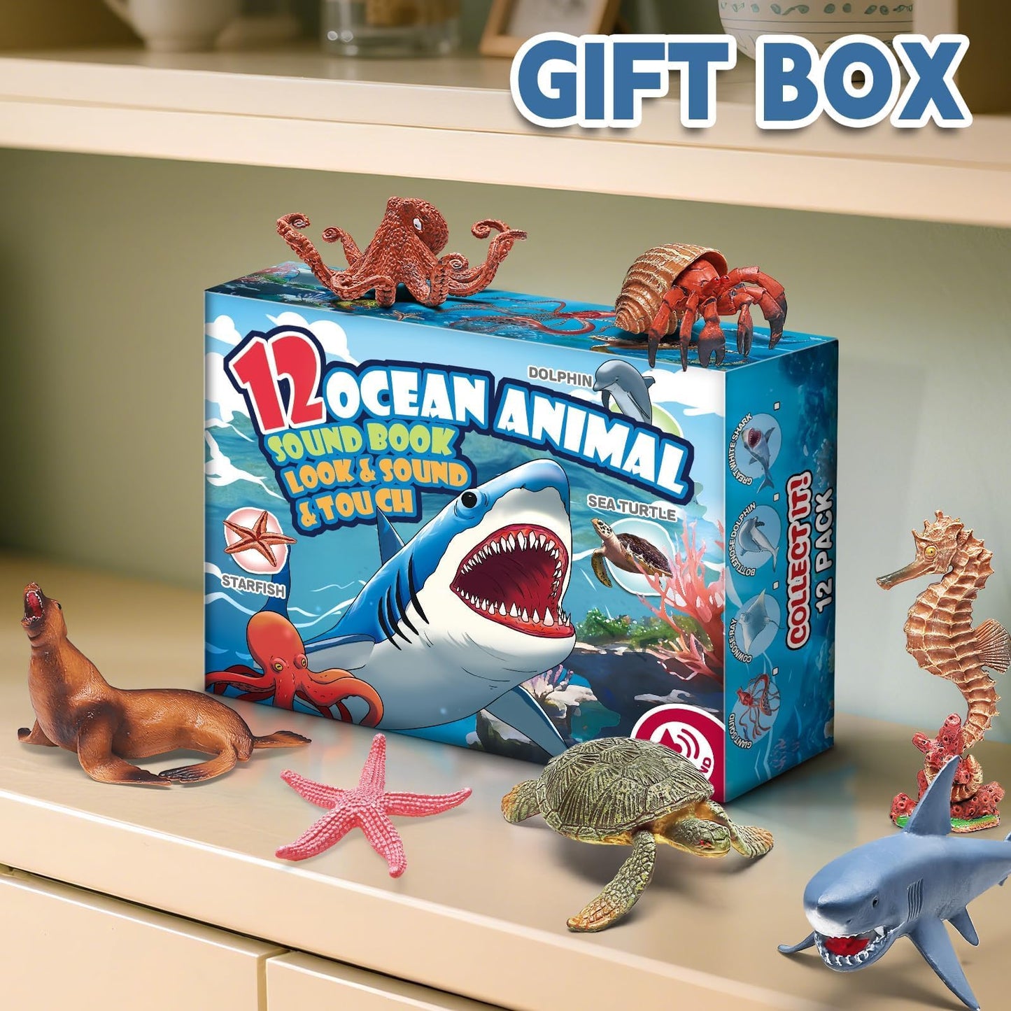 12Pack Ocean Animal Toy for Kid with Sound Book(On/Off), Gift Box, Realistic Sea Creature Figure, Educational Plastic Under the Sea life for Toddler, Birthday Party Favor, Water Table Toy for Boy Girl