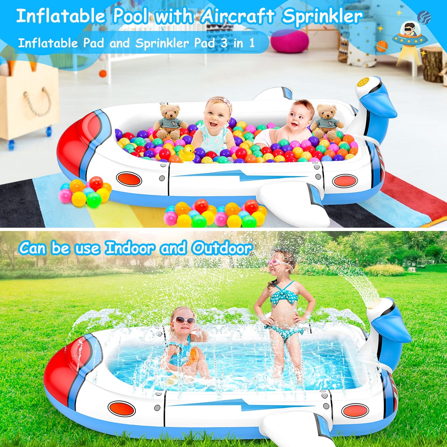 Kiddie Pool for Toddlers, Splash Pad for Kids Ages 4-8, 68" Inflatable 3-in-1 Swimming Pool for Kids, Backyard and Outside Sprinkler Play Mat Wading Pool for 3 4 5 6 Year Old