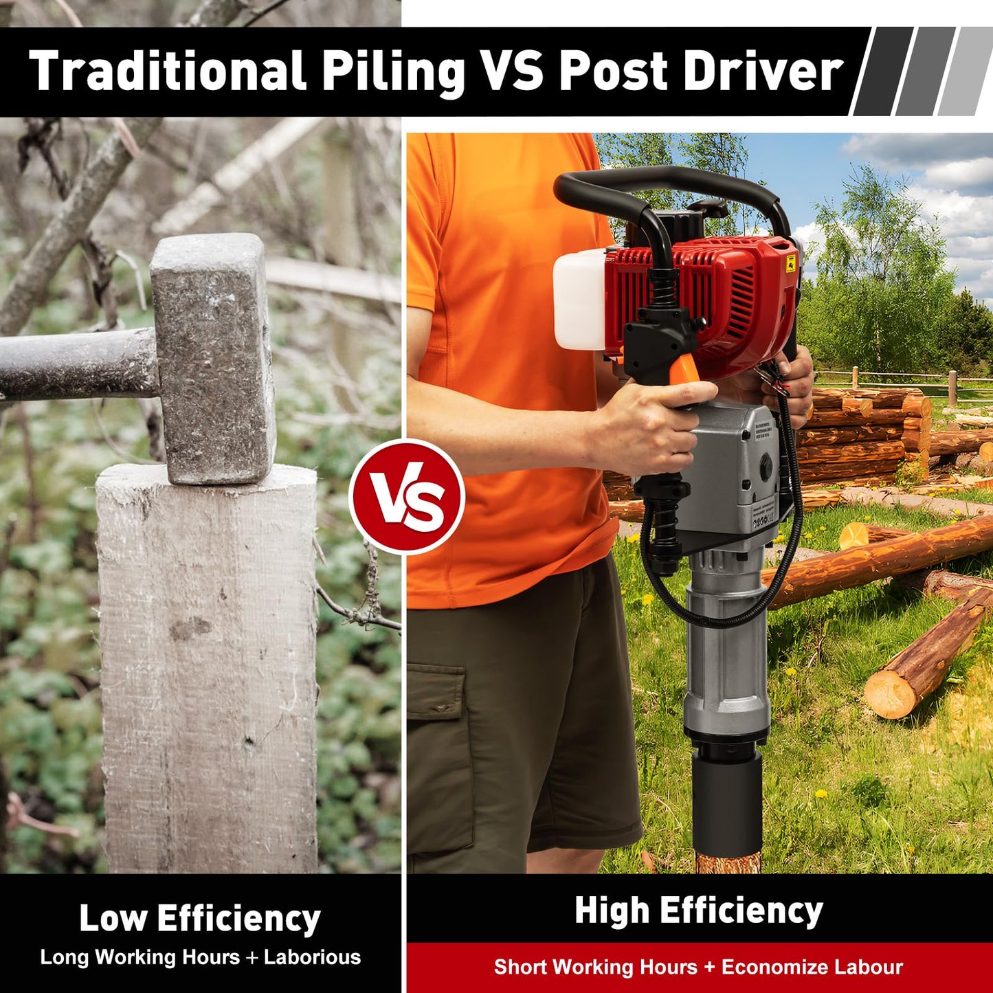 POIOKLJRE Post Driver, 52cc Gas Powered T Post Driver, 1900W Fence Post Driver, Shock Absorption and Safety Lock Heavy-Duty Gasoline Post Driver, Quick Pile Installation, Suitable for Professional Use