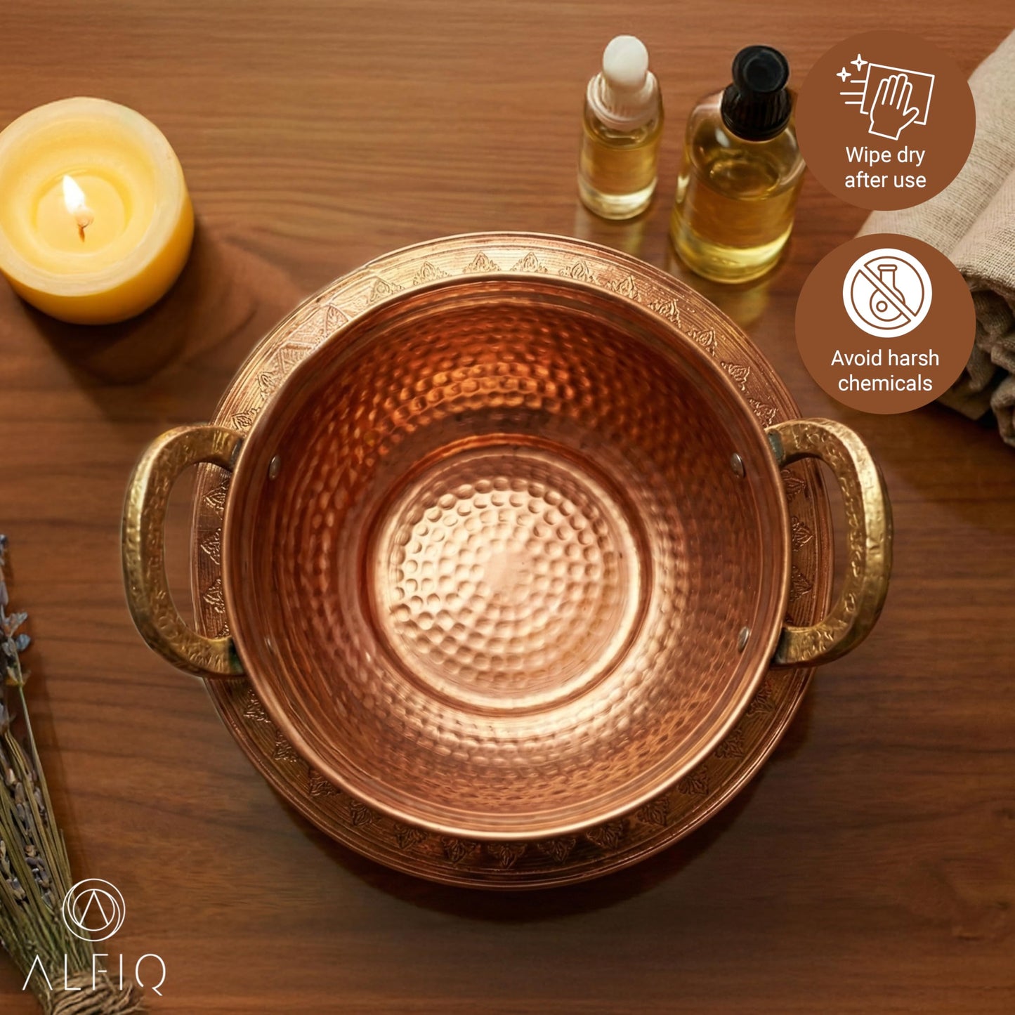 ALFIQ Solid Copper Oil Warmer Pot Set, Ayurvedic Massage Bowl with Stand for Spa & Aromatherapy, Handcrafted Hammered Finish, Premium Essential Oil Heater for Abhyanga, 100% Pure Copper
