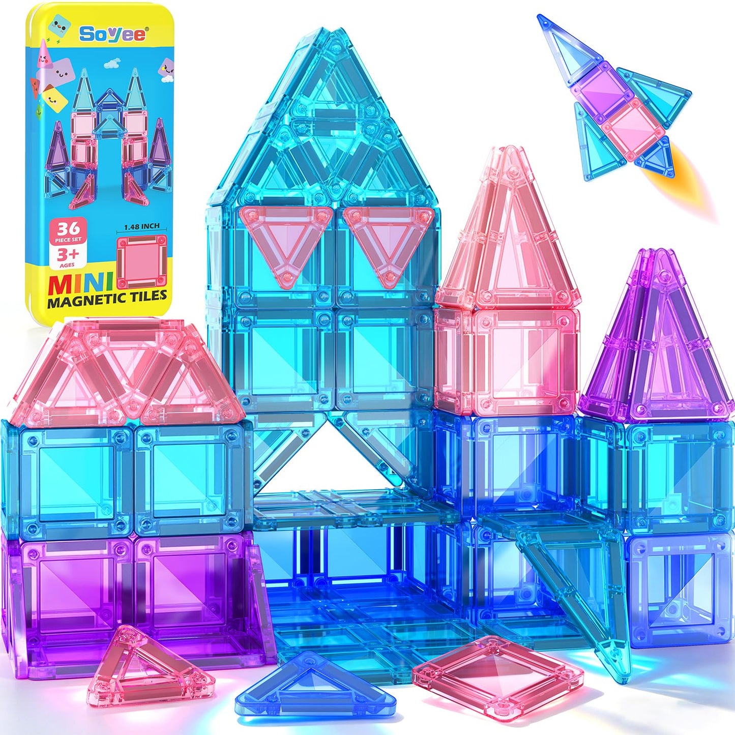 Soyee Magnetic Tiles Toddler Toys Travel Essential Games Magnet Building Blocks STEM Sensory Educational Toys for 3 4 5 6 7 8+ Year Old Boys Girls Christmas Birthday Gifts