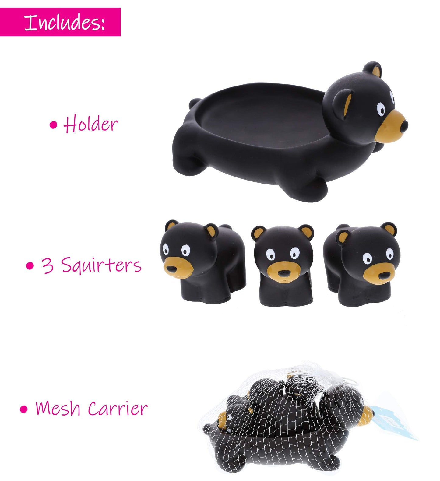DolliBu Black Bear Animal Bath Toys - Family Animal Water Squirter for Kids, 4-Piece Kid and Baby Bathtub Toys, Fun Bath Time Children, Floating Bath Tub Decor, Rubber Animal Bath Toys, Squirt Toys