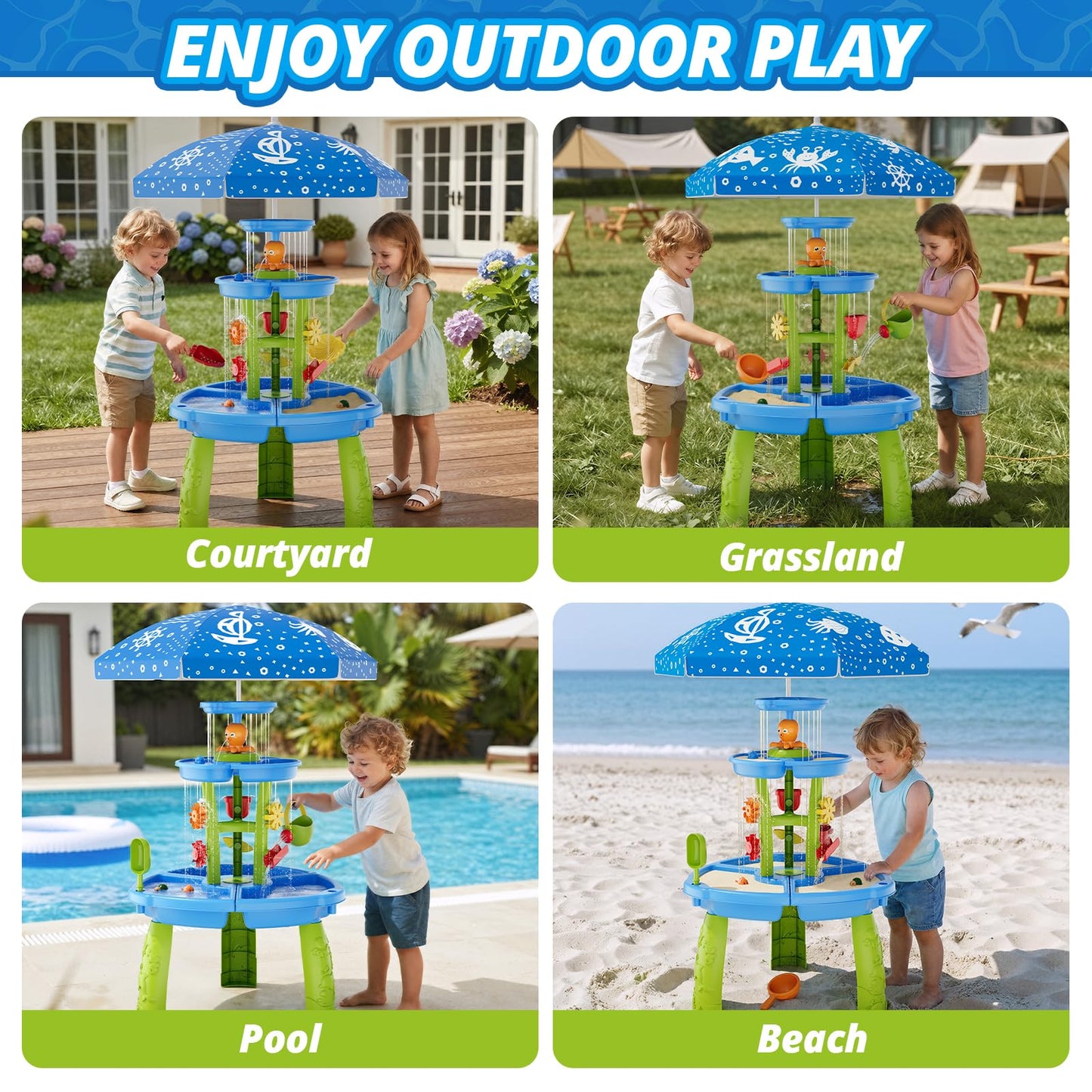 HYES Water Table for Toddlers 3-5, 3-Tier 6 Zones Water Sand Table with Umbrella, Rain Showers Splash Pond Toys for Outdoor Beach Backyard Summer, Kids Activity Sensory Playset for Boys Girls, Blue