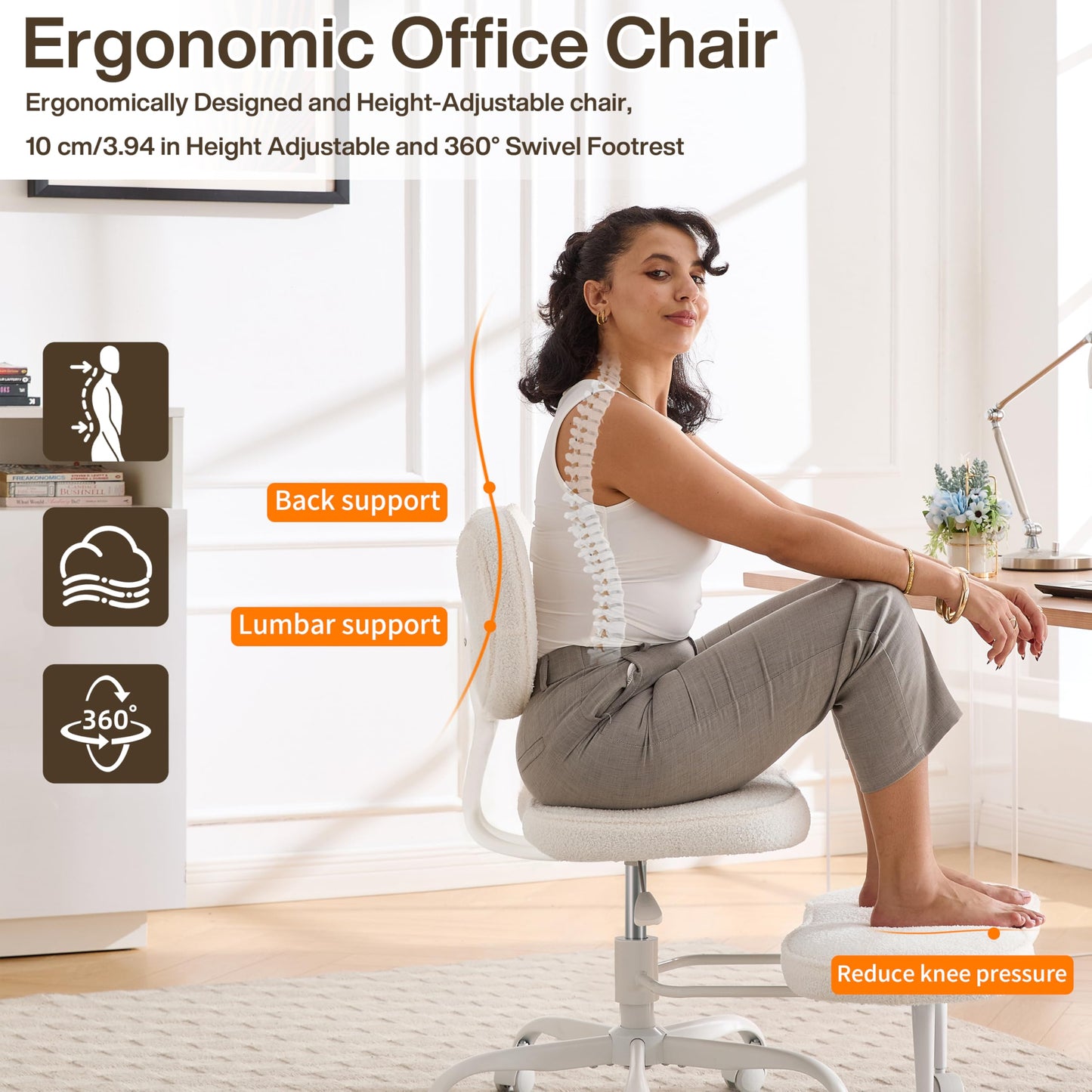 Fizzin Cross Legged Office Chair, Criss Cross Chair with Wheels Height Adjustable Seat for ADHD 360° Swivel Meditation Chair Chic Home Office Furniture (White-New)