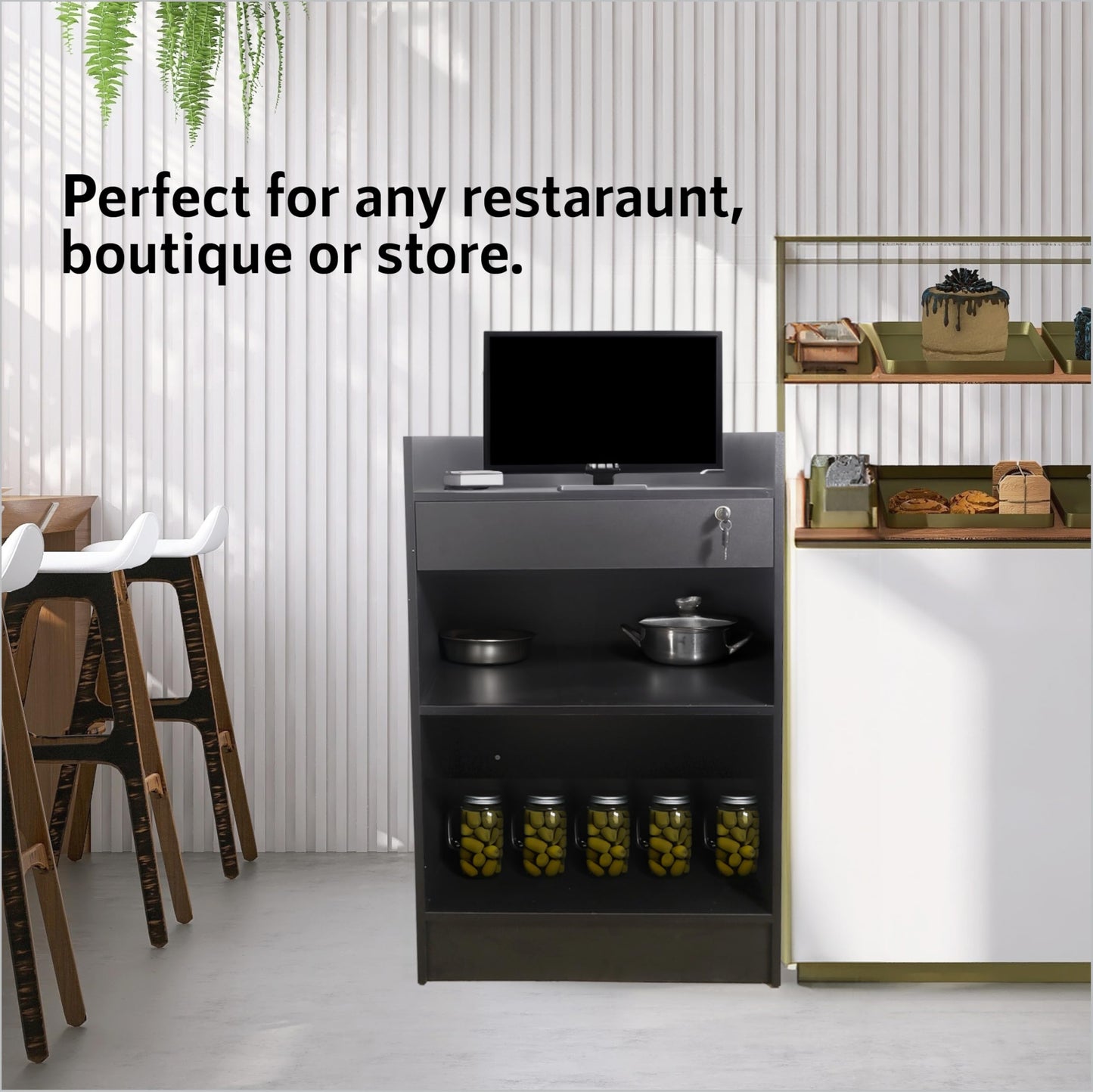 Checkout Counter Cash Register Restaurant Hostess Podium Stand, Measures 38” Height, 24” Width, 18” Length, Equipped with a Lockable Sliding Register Drawer & Wire Cable Hole