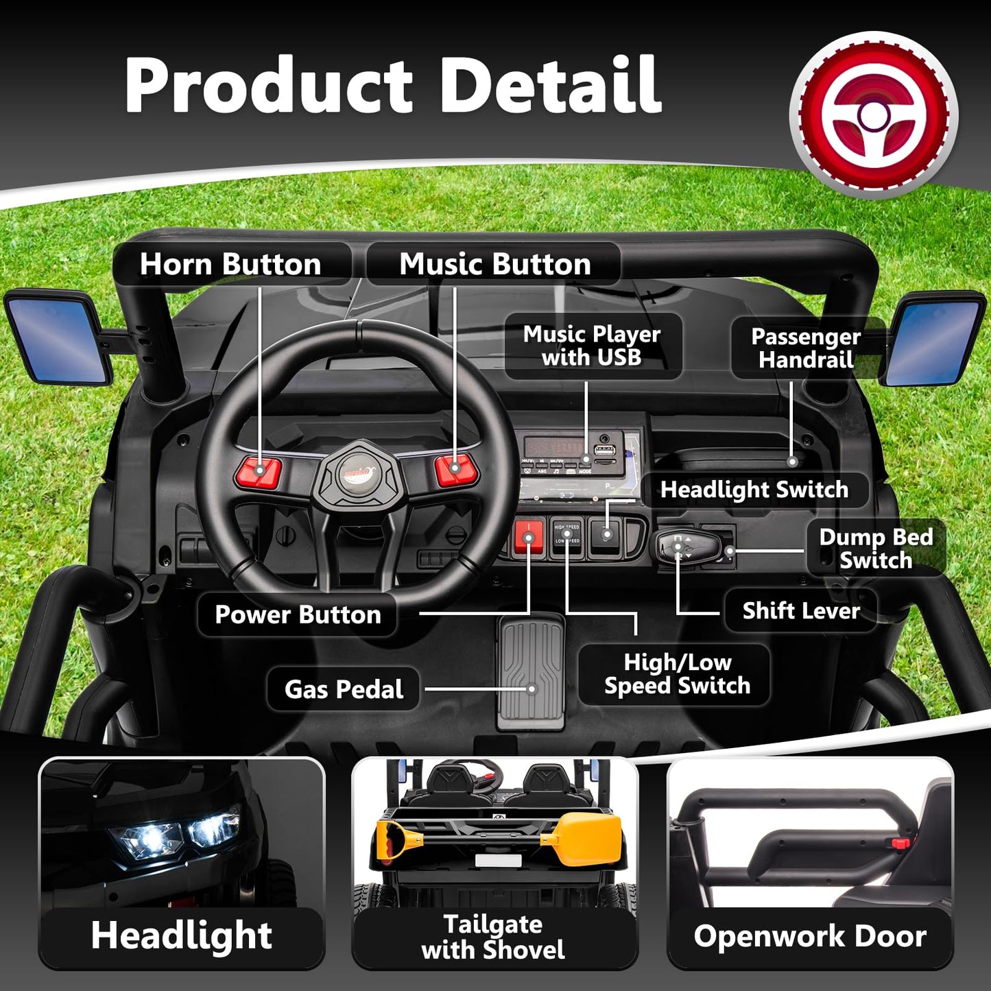 Sopbost 2 Seater 24V Ride On Toys for Big Kids with Electric Dump Bed 4WD Battery Powered Cars for Kids with Remote Control, Ride On Car with EVA Tires Wheels, Shovel, Music, Black