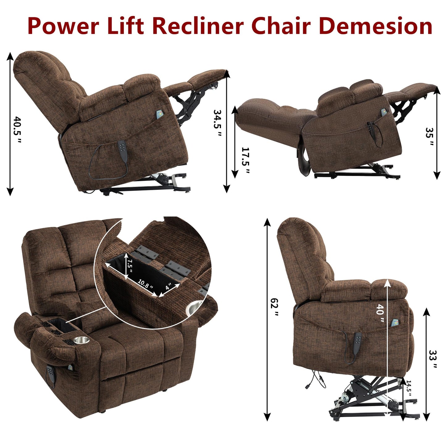 REHOUSING Oversized Power Lift Recliner Big Man 400lbs, Extra Wide Recliner Chair with Lifts Vertically for Elderly, Features Cup Holder, Heat and Massage, Zero Gravity Lay Flat for Adults (Brown)