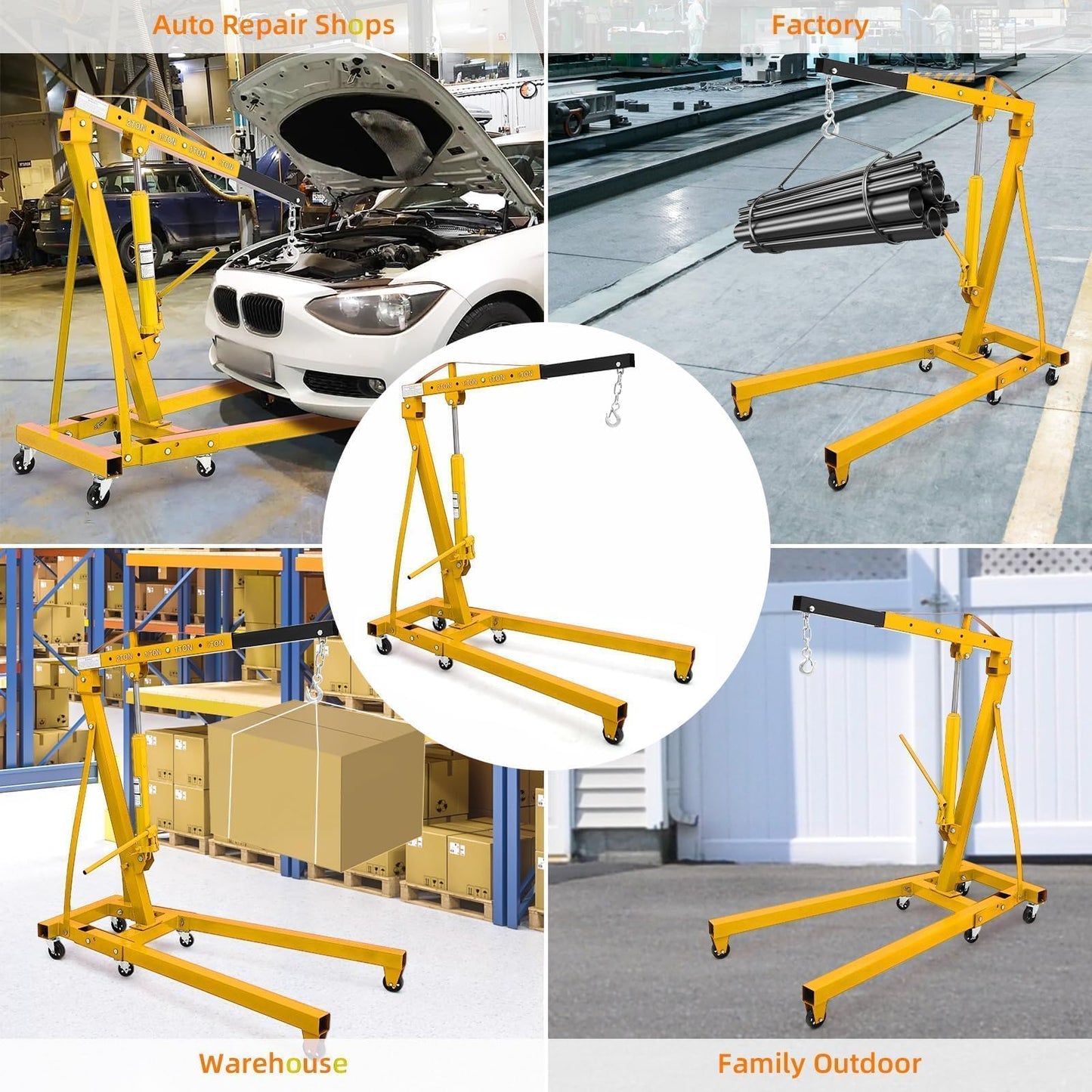 2 Ton Folding Hydraulic Engine Hoist Cherry Picker, 4400 Lbs Capacity, Adjustable Telescoping Boom, Heavy Duty Shop Crane No Load Leveler & 6 Swivel Wheels, for Garage Workshop Warehouse Automotive