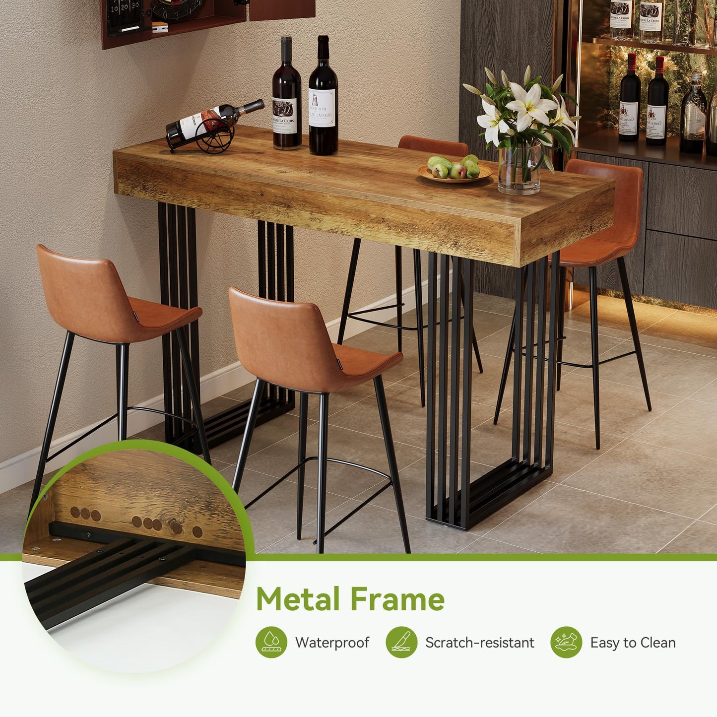 LITTLE TREE 63" Bar Table, Bar Height Table with 39.37" High Metal Frame, Industrial Counter Height Table for Coffee Shop, Bistro, Living Room (No Chair)