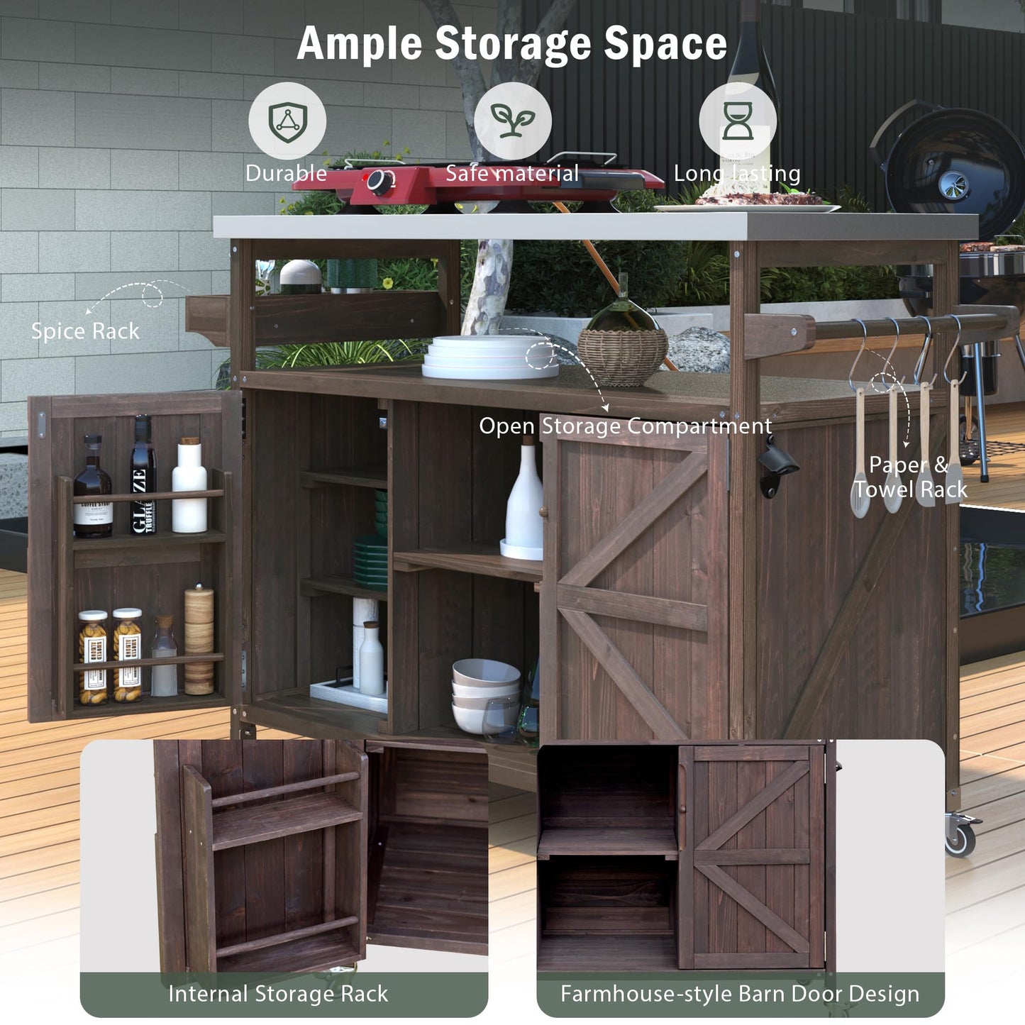 Jintop 50.25" Kitchen Island Rolling Bar Cart & Storage Cabinet, Farmhouse Solid Wood Outdoor Grill Table with Stainless Steel Top and Spice, Towel Rack for BBQ,Dark Brown
