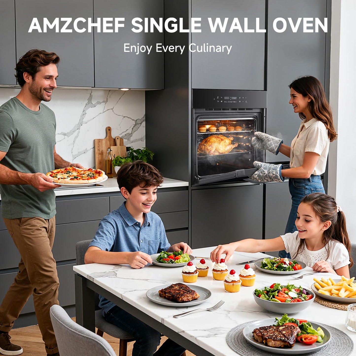 AMZCHEF Wall Ovens 24 inch Electric: 2800w Single Wall Oven with 8 Cooking Modes, 2.72 Cu.Ft. Electric Wall Oven, Convection Oven with Touch Control, Black