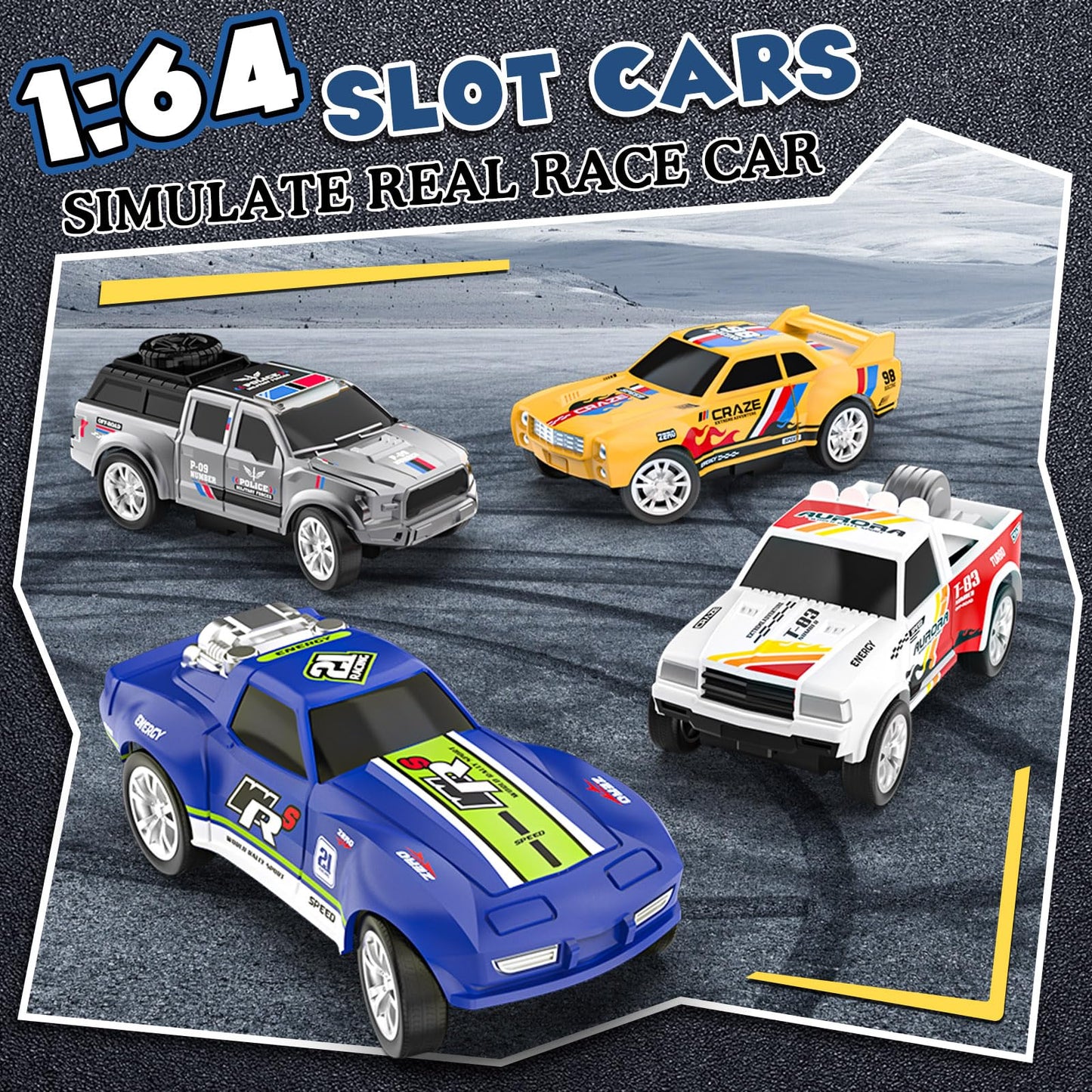 Slot Car Race Track Sets with 4 Slot Cars, Electric Race Car Track Include Slope Circular Overpass Track, Dual Racing Game Featuring Flash Bridge and Pendulum, Gifts Toys for Boys Kids Age 6 7 8-12