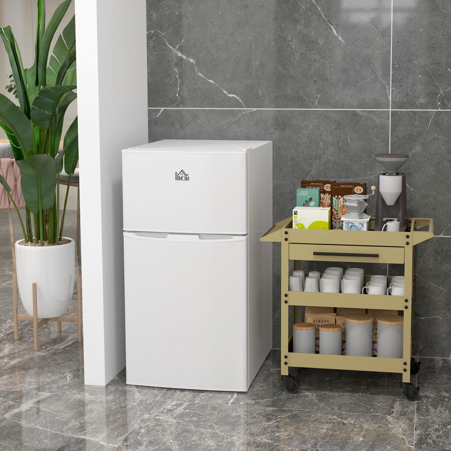 HOMCOM 3.2 Cu.Ft Mini Fridge with Freezer, Double Door Compact Refrigerator with Adjustable Thermostat, Shelf and Reversible Door for Bedroom, Dorm, Home Office, Energy Efficient, White