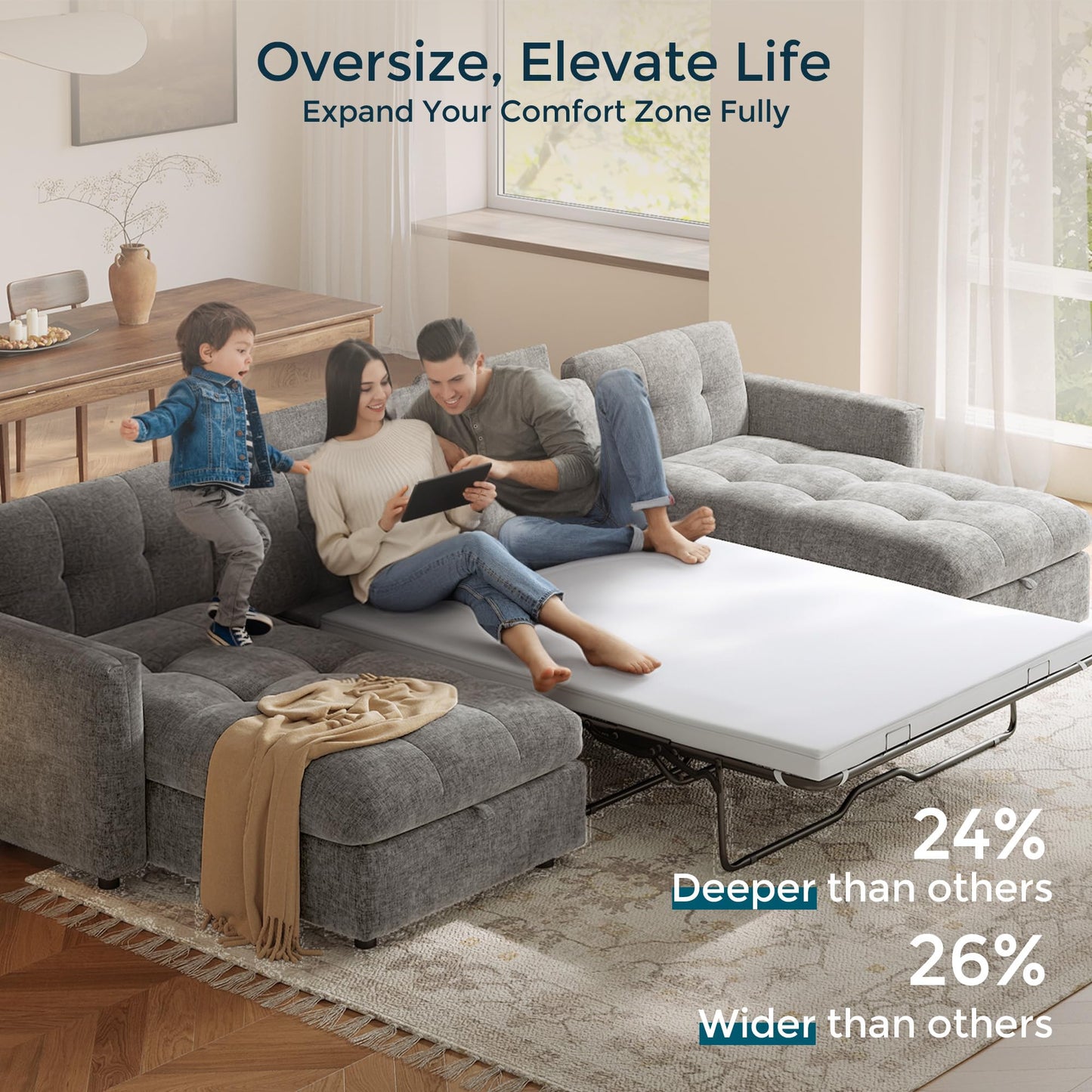 LINSY Oversized Sectional Sleeper Sofa 118" Pull Out Couch with Storage Chaise, Convertible Sofa Bed with Memory Foam Topper, Comfy L Shaped Couches for Living Room Apartment Dorm Room, Grey