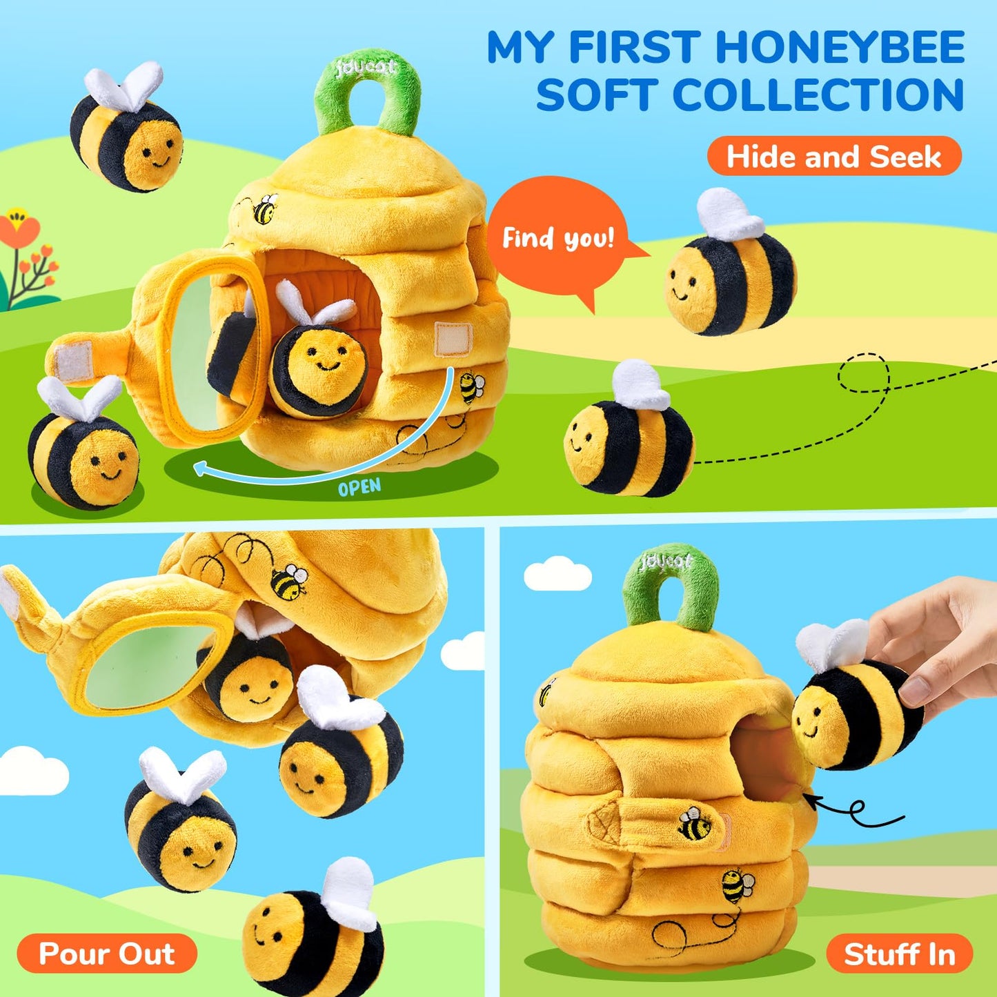 JoyCat Baby Toys 6-12 Months - Soft Baby Beehive with 5 Sensory Bees - Rattle, Crinkle Paper, Squeaker, Mirror, Busy Montessori Soft Toys for Toddlers 0-3 Years Old - Baby Easter Basket Stuffers Gift