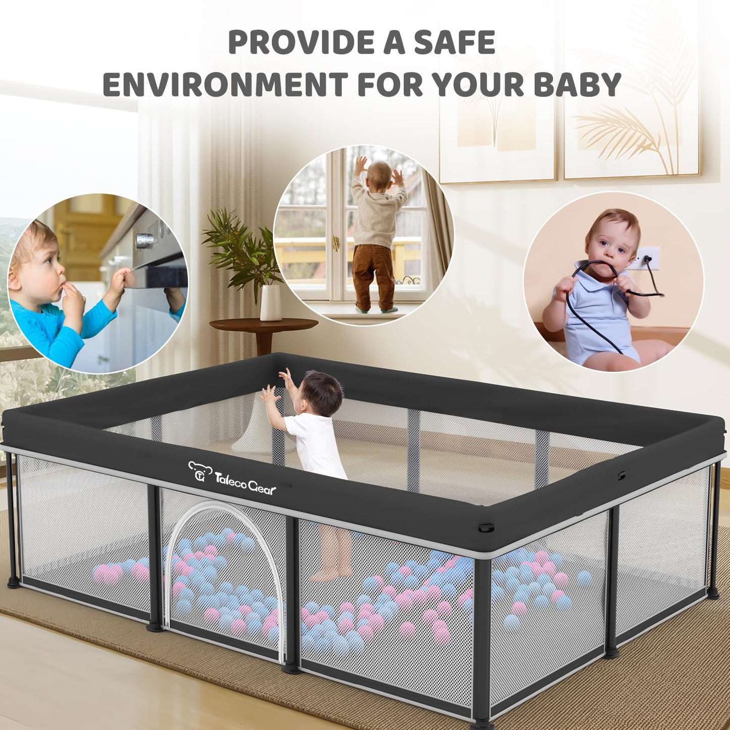 Taleco Gear Foldable Baby Play Pen with Mat, 50''x71'' Playpen for Babies and Toddlers, Playpen for Baby with Gate, Breathable,Foldable Travel Play Pen with 50 Ocean Balls