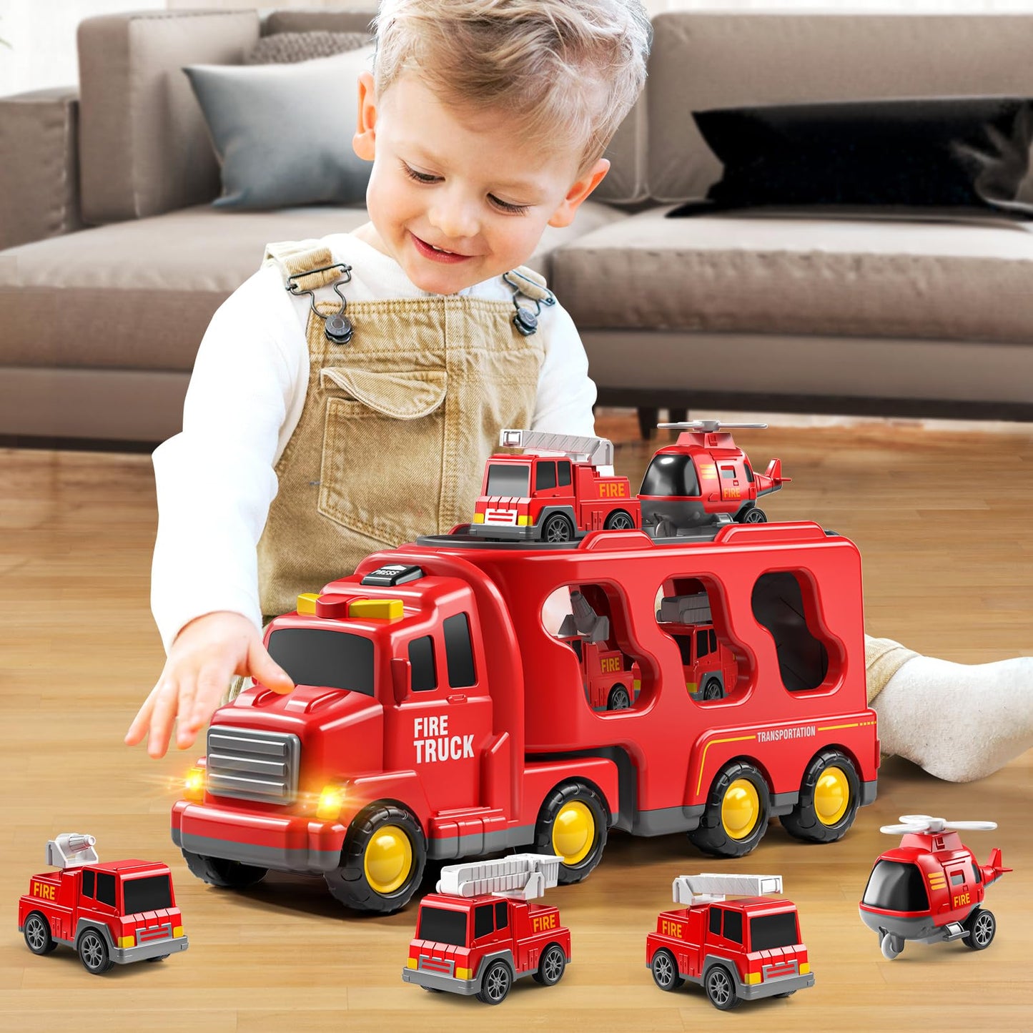 JUKUDAHU Truck Toys for 3 4 5 6 Years Old Boys, Toddler Car Toys for Toddler Boys Ages 3-5, Fire Toys Car Carrier Vehicle Toy Set, Kids Toys Truck Set for Age 3-9