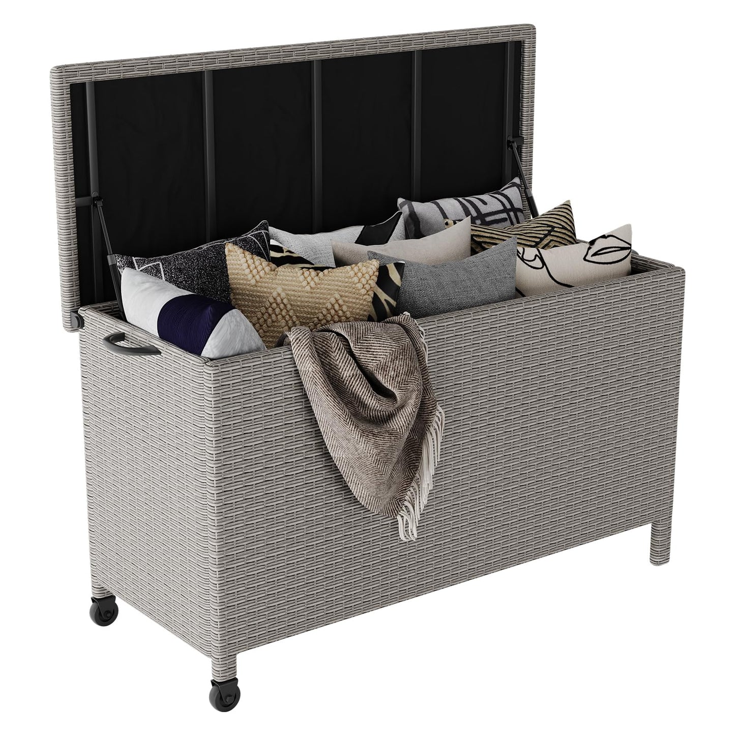 HarmonyHealth 120 Gallon Rattan Deck Box, Outdoor Storage Box With Wheels and Handle, Waterproof Large Storage Bench Organizer for Patio Backyard Cushions, Pool Supplies and Garden Tools, Grey