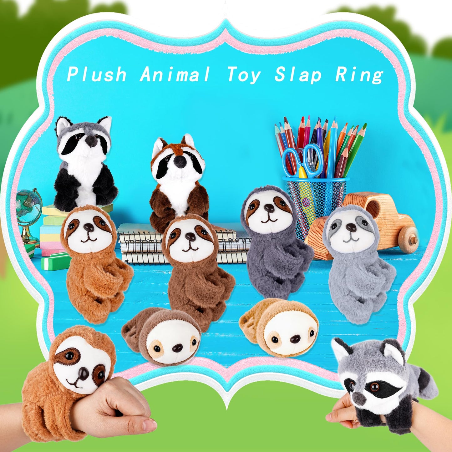 Flahard 10 Pcs Plush Animal Slap Bracelet Sloth Plush Slap Bracelet Sloth Bear Stuffed Huggers Pat Ring Bulk for Birthday Favor Animal Party Gift, 2 Styles