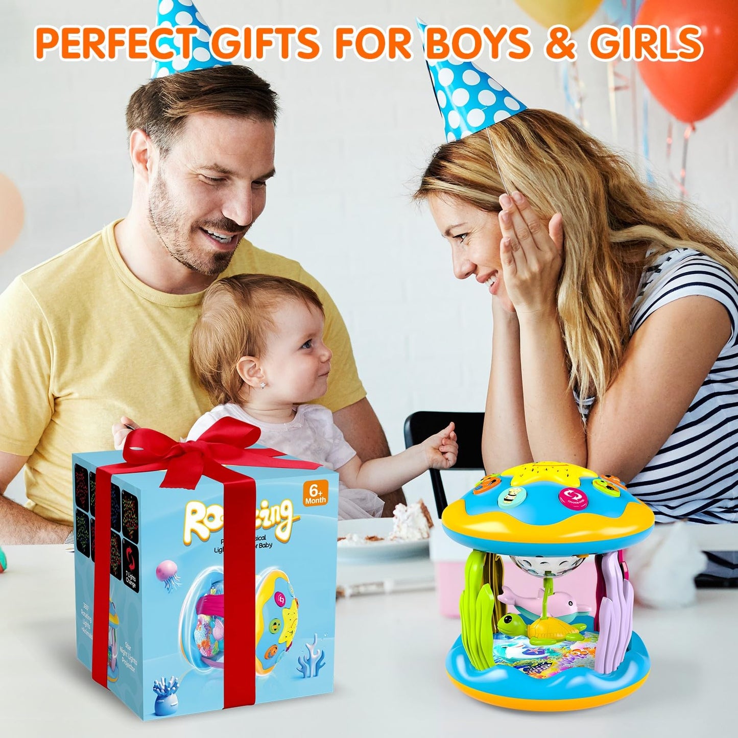 Baby Toys 6 to 12 Months, 4 in 1 Musical Rotating Projector, Tummy Time Light Up Infant Toys For 6-9 12-18 Months, Learning Toy Birthday Gifts for Baby Toddlers 1 2 3 Years old Boys & Girls