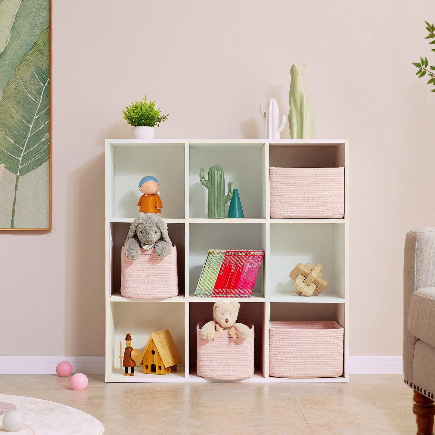 ENAORGAN Set of 4 Pink Rope Basket for Shelves Woven Rectangle Storage Basket Bins for Nursery Toy Storage for Baby Girl