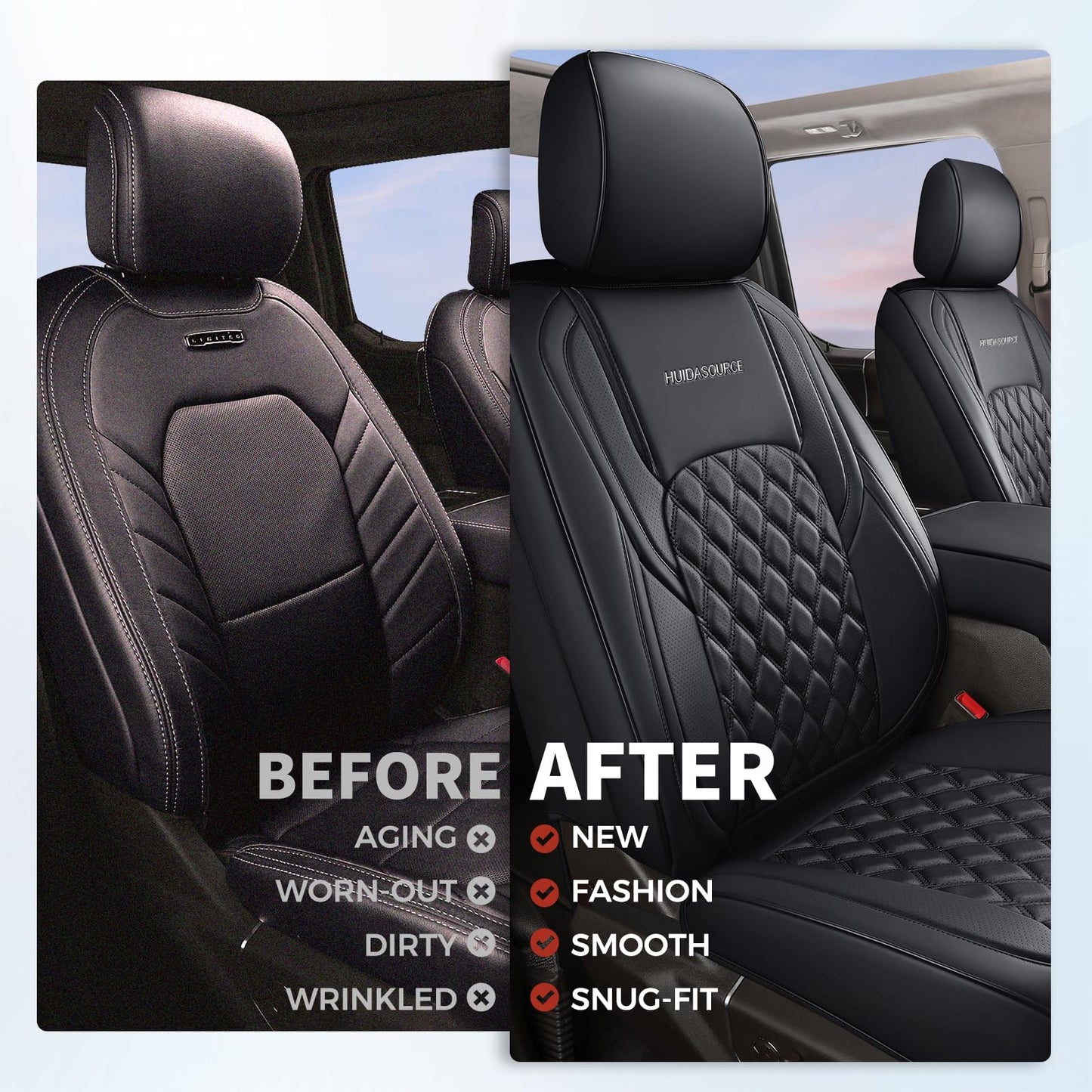 Huidasource Wrangler JK Seat Cover 4 Door, Waterproof Leather Custom Car Seat Cover, Front&Rear Seat Cushion Protector Fit for Jeep Wrangler JK 4-Door Sahara Sport Rubicon 2007-2017(Full Set/Black)