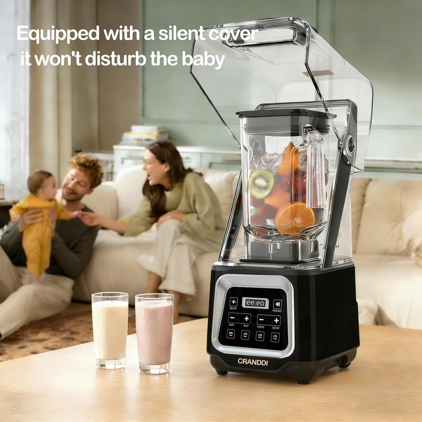 CRANDDI Commercial Smart Smoothie Blender - 2200W High-Power Professional Blenders for Smoothies & More, 4 Pre-Set Programs, Quiet Blender with Removable Shield, 52oz Jar, 120V, K80TS (Black)