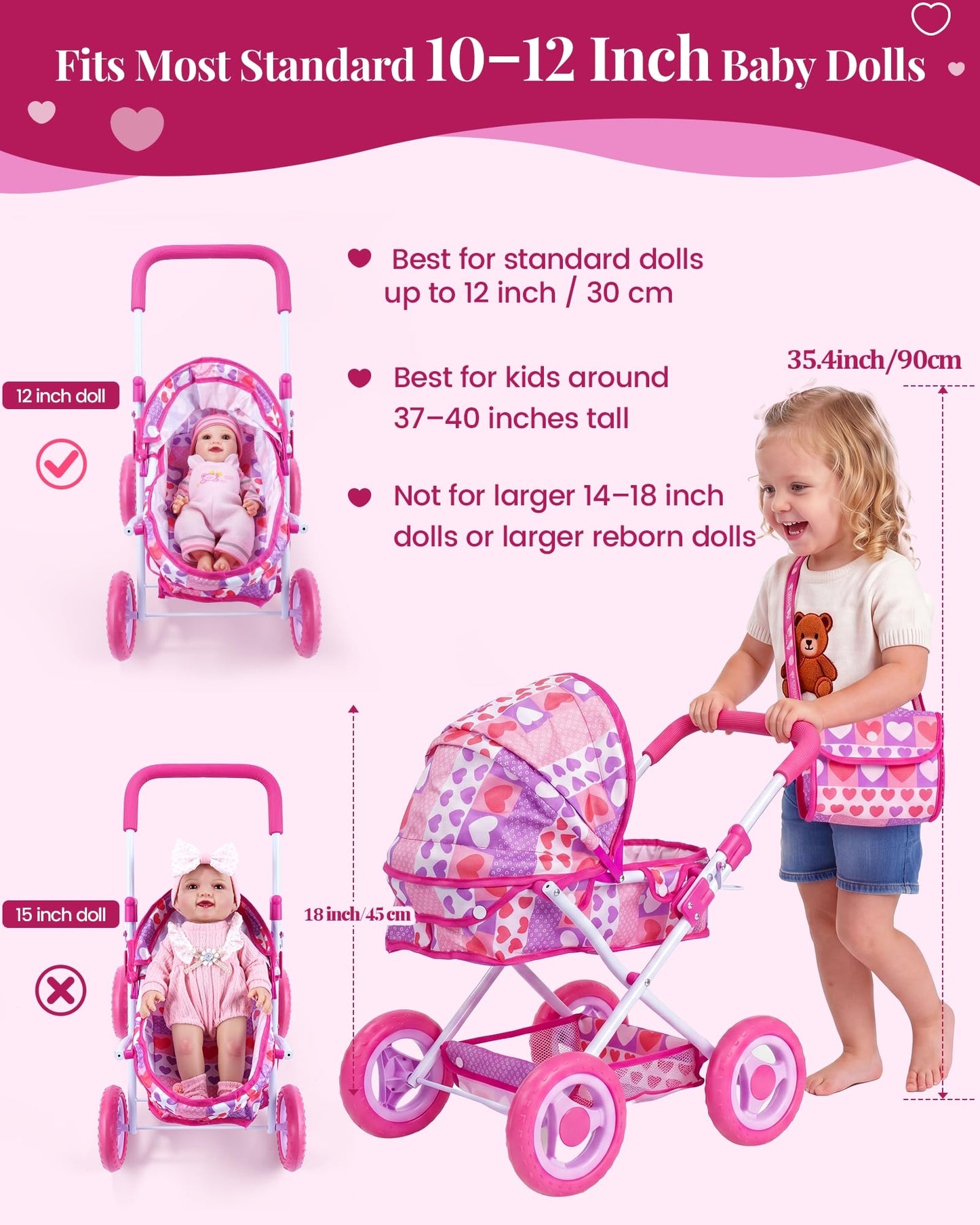 BABESIDE Baby Doll Stroller Set with 12 Inch Baby Doll, 14 Pcs Baby Doll Accessories, Folding Doll Pram Pretend Play Set, Feeding, Bath & Care Toys, Gift for Girls Ages 3yrs+