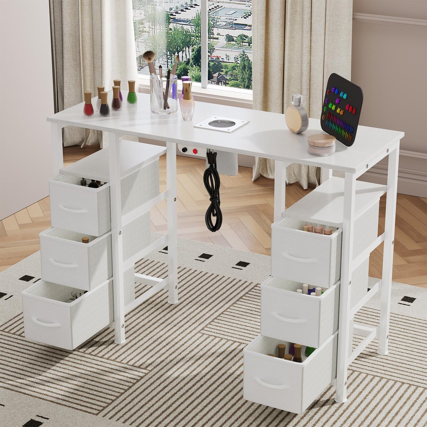 WODRAWER Manicure Table Nail Desk for Nail Tech, Nail Beauty Table w/Electric Dust Collector & 6 Storage Drawers & Open Shelves for Home, Workshop, Makeup Beauty Salon Workstation (White)