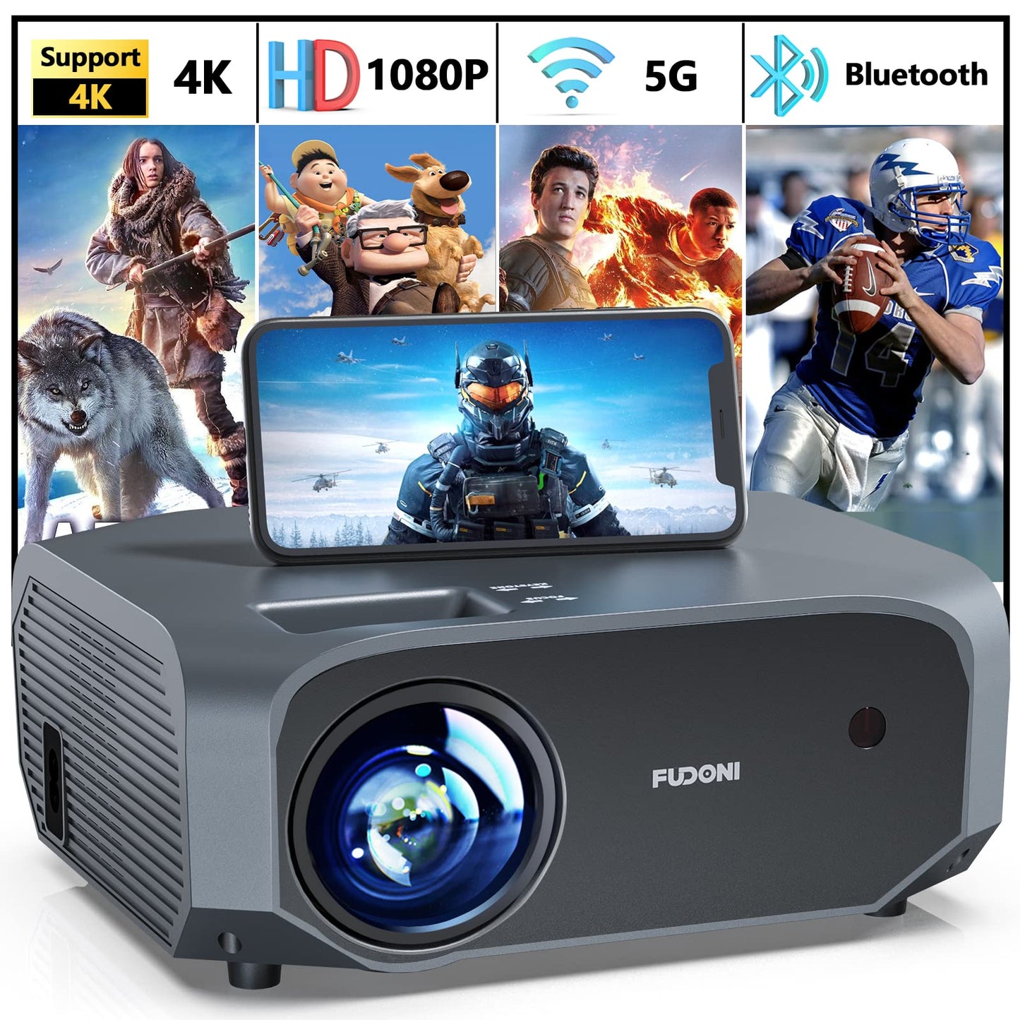 FUDONI Projector with WiFi and Bluetooth, Native 1080P Outdoor Movie Projectors 4k Supported, 15000L Portable Home Theater Projector Max 300", Indoor&Outdoor Use, Black