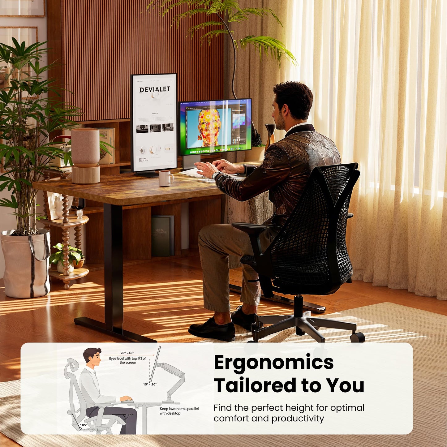 ErGear Height Adjustable Electric Standing Desk, 48 x 24 Inches Sit Stand up Desk, Memory Computer Home Office Desk with Two-Piece Desktop (Vintage Brown)