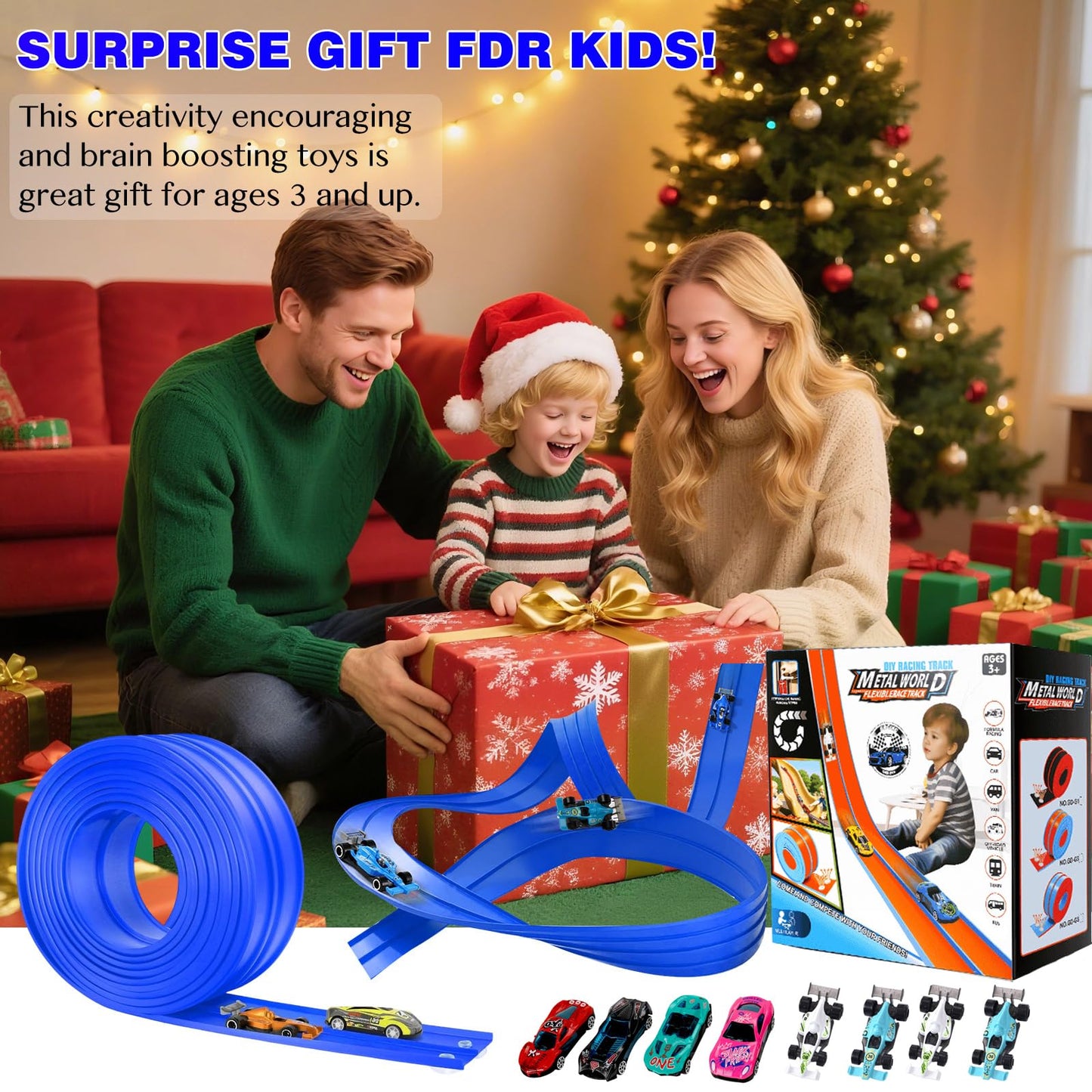 Flexible Car Track for Kids: 15 Ft of Portable Roll-Up DIY Flexible Race Track with 8 Cars & 4 Strong Suction Cups Car Ramp Toy Track, – A Great Birthday for Boys & Girls Ages 3+ (Blue)