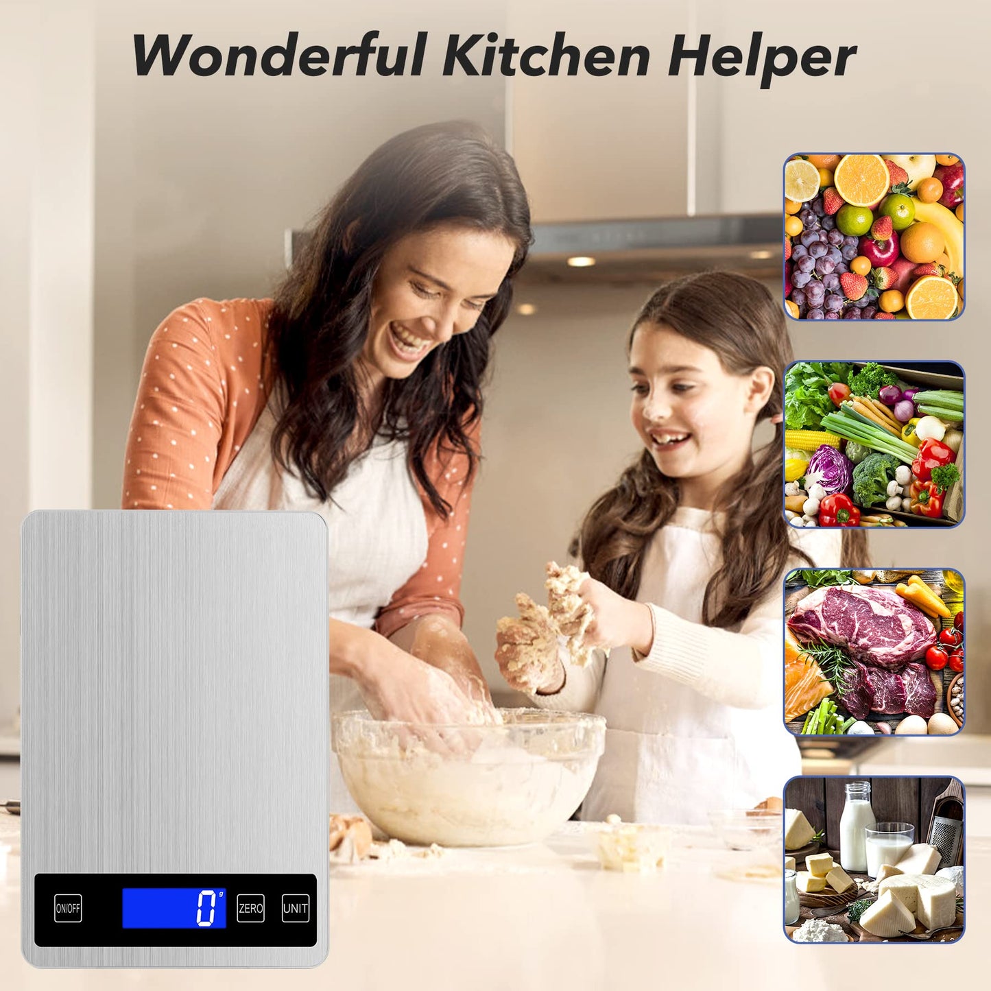 33lb Food Kitchen Digital Scale,1g/0.05oz Precise Graduation, USB Charging Kitchen Scale, Waterproof Stainless Steel with LCD Display, Ounces and Grams for Weight Loss, Cooking, Baking (Silvery)