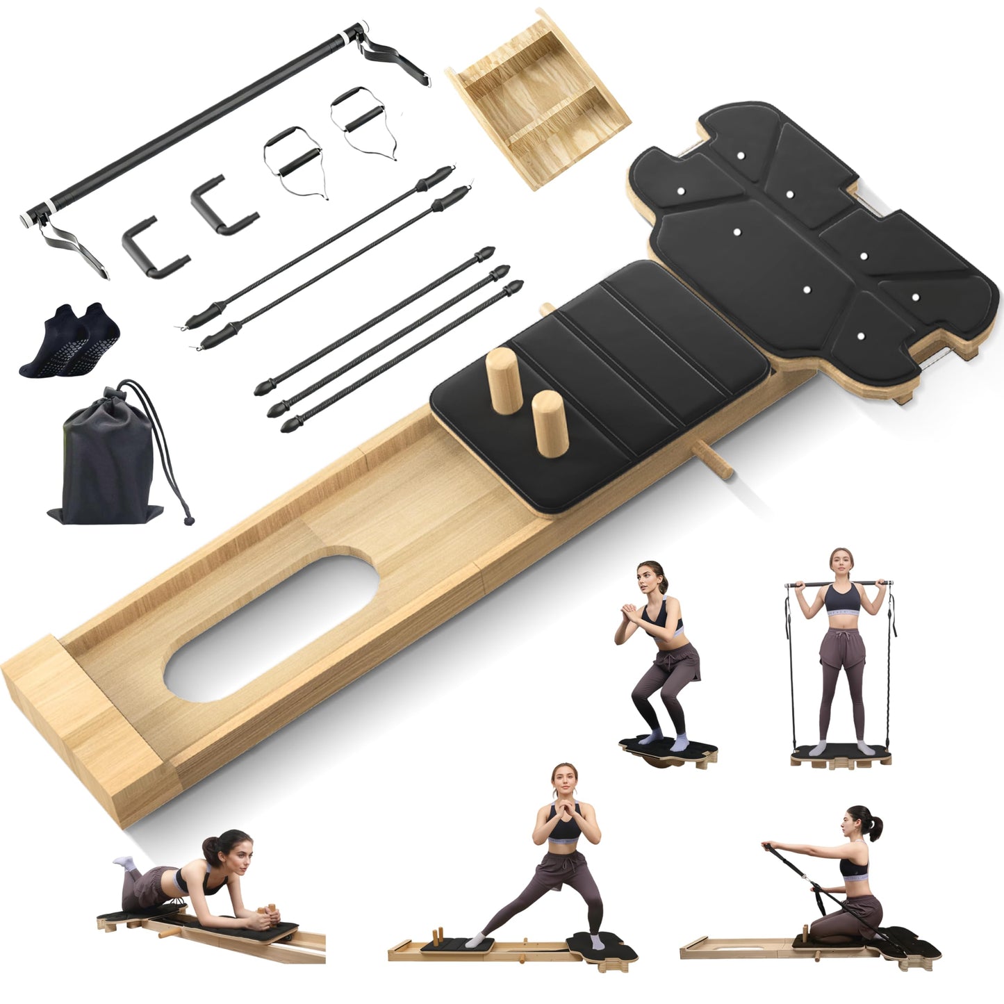 FIRRLUCO Pilates Reformer Machine,Wooden Foldable Pilates Board, Multifunctional Stable Pilates Reformer Board for Home Workout, Three Level Tension Adjustment, 6 in 1 Pilates Equipment for Woman