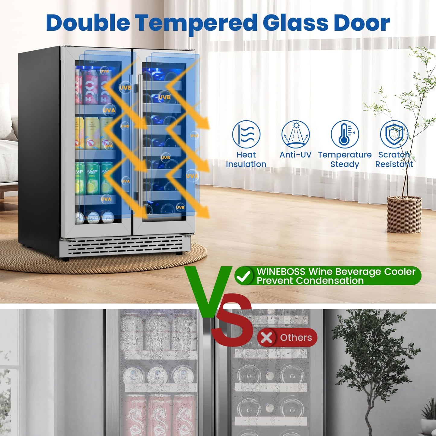 WINEBOSS 24 Inch Wine and Beverage Refrigerator, Dual Zone Wine Fridge Under Counter, 20 Bottle & 88 Cans Wine Cooler Refrigerator with Glass Door & Stainless Steel Shelves for Beer Commercial Office