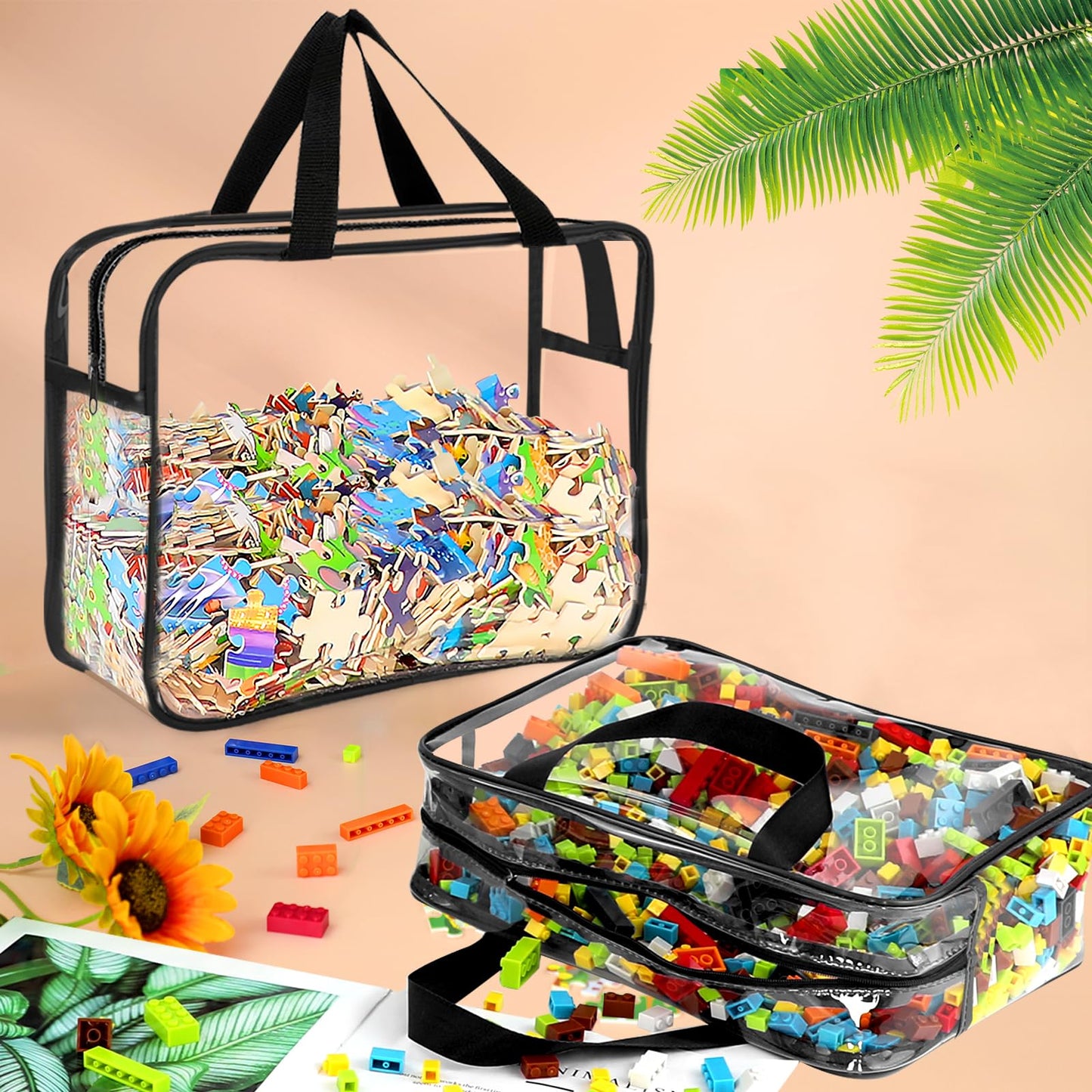 6 Packs Large Toy Storage Bags with Labels, Reusable Clear PVC Board Game Storage, Travel Waterproof Organizer Bags with Zipper for Building Blocks, Puzzle, Kids Books