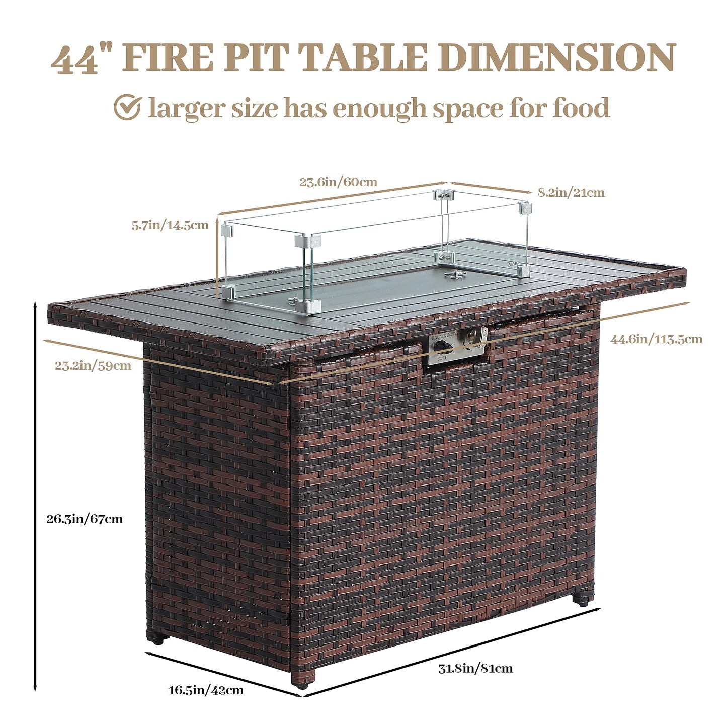 EortheX 44 Inch Propane Fire Pit, Steel Gas Fire Feature Table with Iron Lid,Glass Rock, Rain Cover and Tempered Glass Wind Guard for Outside Garden Backyard Deck Patio