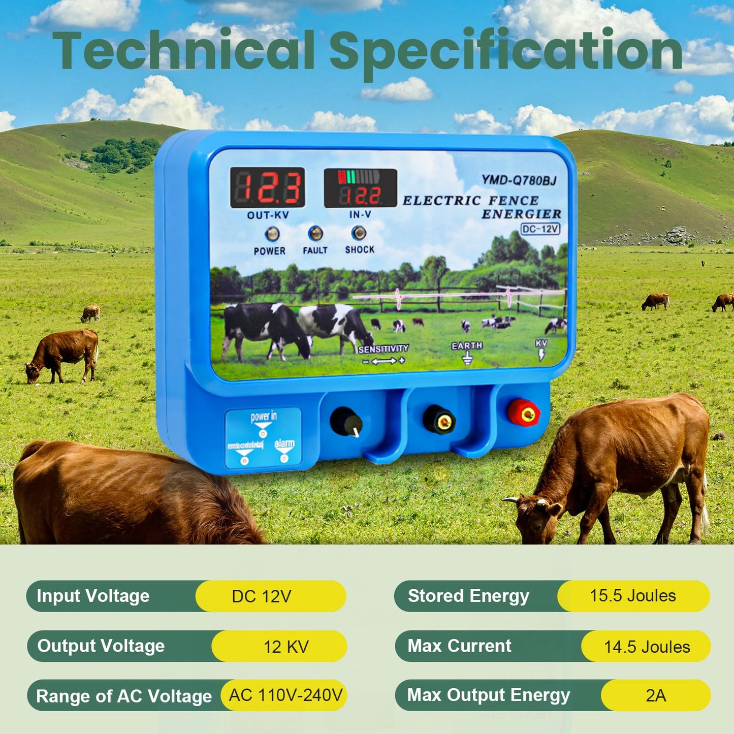 15.5J Electric Fence Charger, 15.5 Joules 600 Acres, AC DC 2 in 1 Powered Supply, Input 12V Output 12KV, with Display Remote and Alarm, Keep Out Predators, Contain Cattle Cow and Livestock