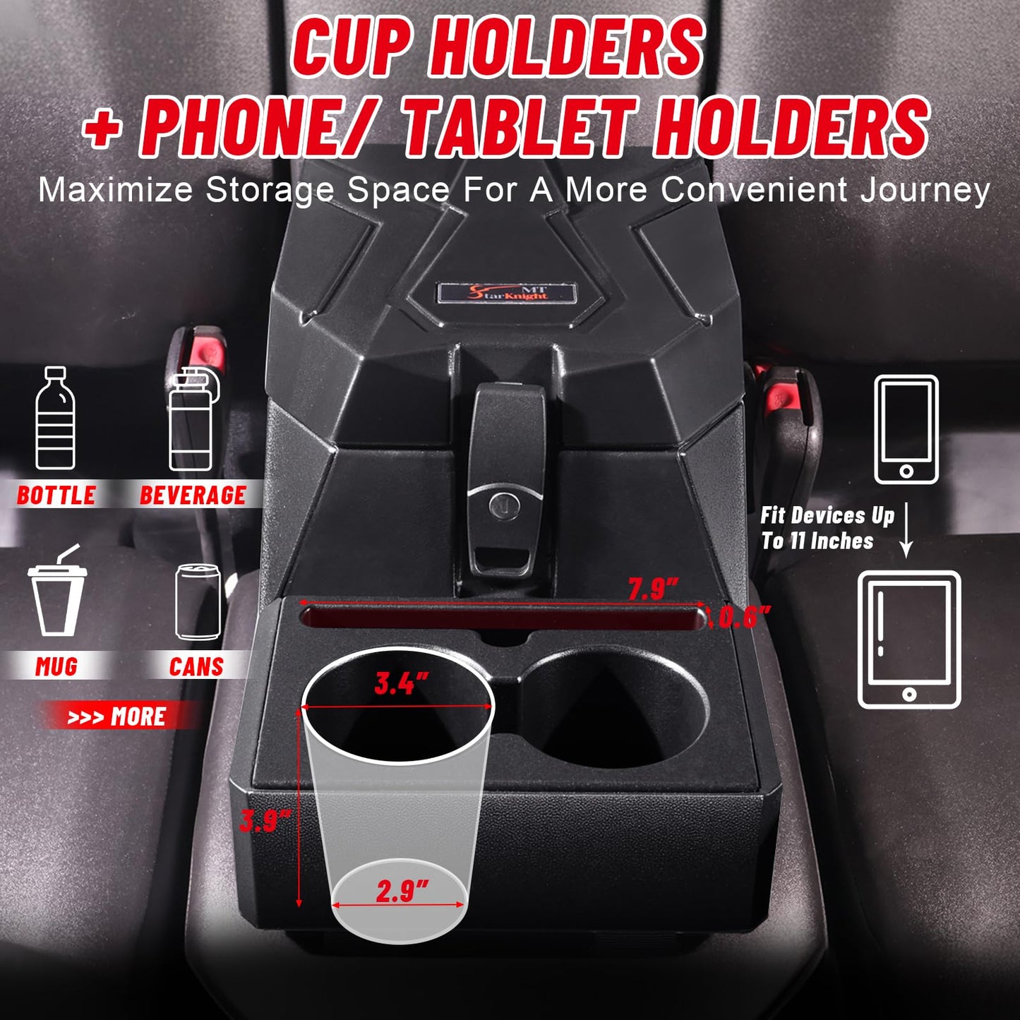 StarknightMT UTV Center Console Armrest Box with Cup Holders, Universal Fit Bench Seat Storage Compatible with Ranger 1000/ XP, Uforce 1000/XL, Defender HD5/7/8/9/10, Mule, Pioneer 700 1000