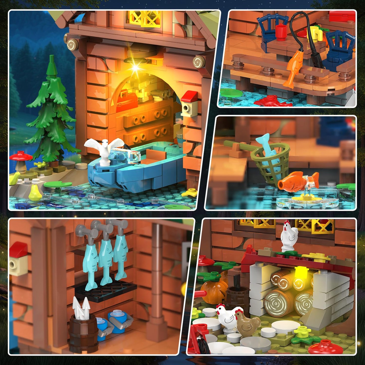 INSOON Overwater Cabin Mini Building Set with Light, 2423 PCS Wooden Forest House Building Block Toy with Boat Bike Animals, Home Decor Treehouse Construction Model Kit for Adults Teens Boys Girls 12+