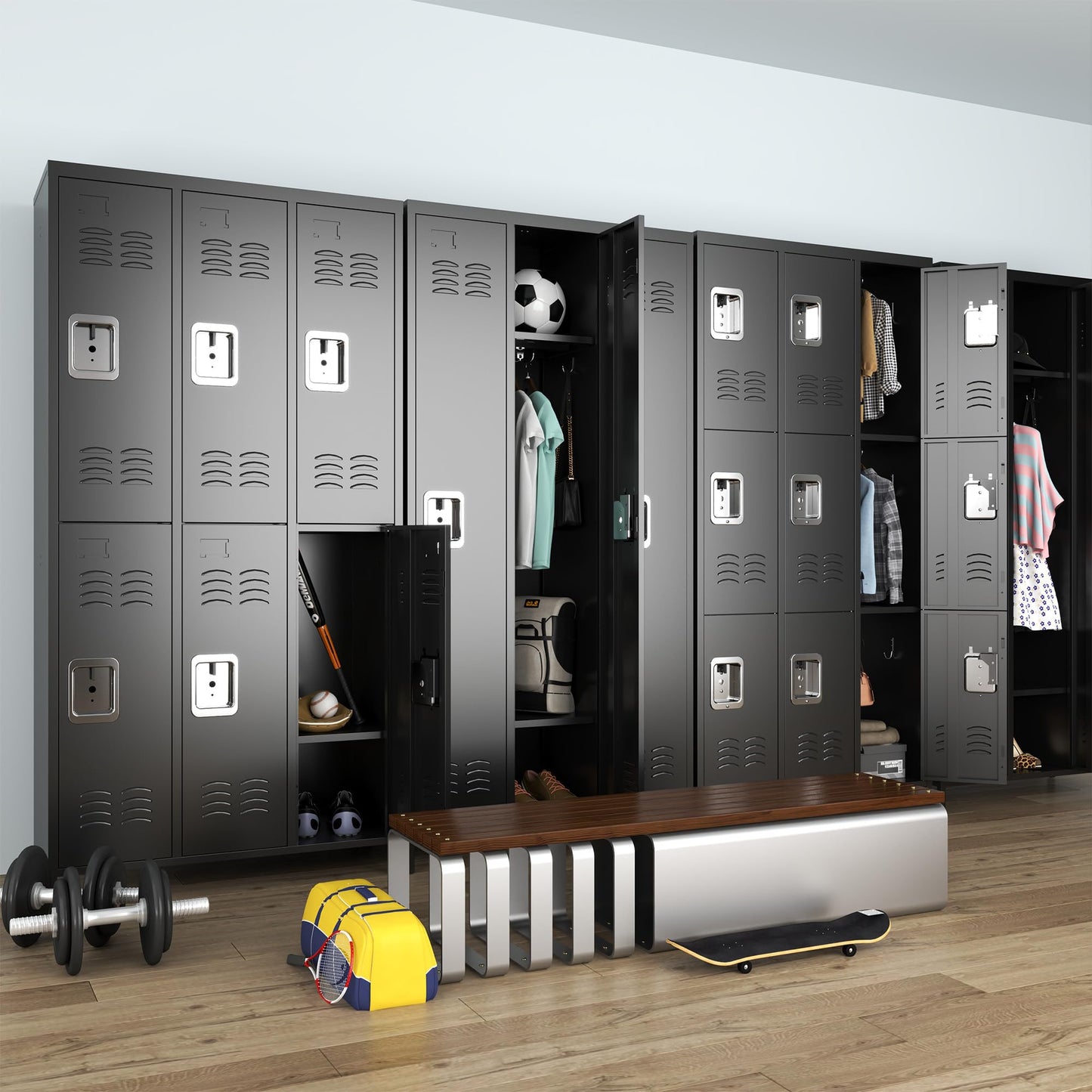IKIMI Metal Locker Locking Storage Lockers for Employees,72" Tall Staff Locker with Shelves and Hooks Steel Sports Locker Cabinet for Office Home School Gym Garage Black
