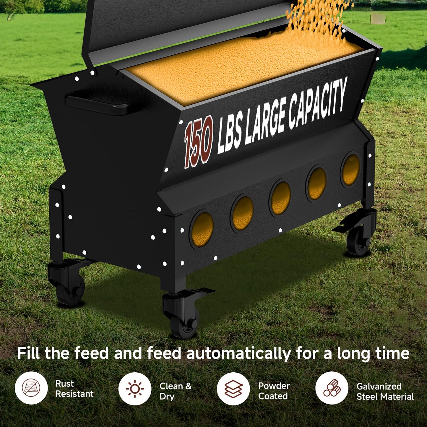 POOAMY Portable Metal Chicken Feeder with Waterproof Lid, Freestanding Chicken Feeding Box with 150 lbs Large Capacity for Chickens, No Waste Gravity Poultry Feeder, 4 Lockable Wheels for Moving.