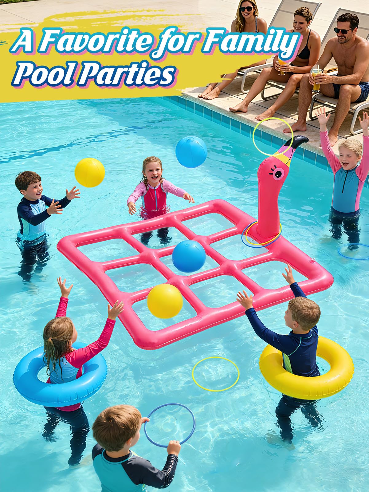 2 in 1 Flamingo Pool Games Toys Set - Inflatable Tic-Tac-Toe & Ring Toss for Family, Adults, Teens, Kids, Outdoor Summer Swimming Pools Party Water Game with 10 Balls & 6 Rings for 2-10 Players