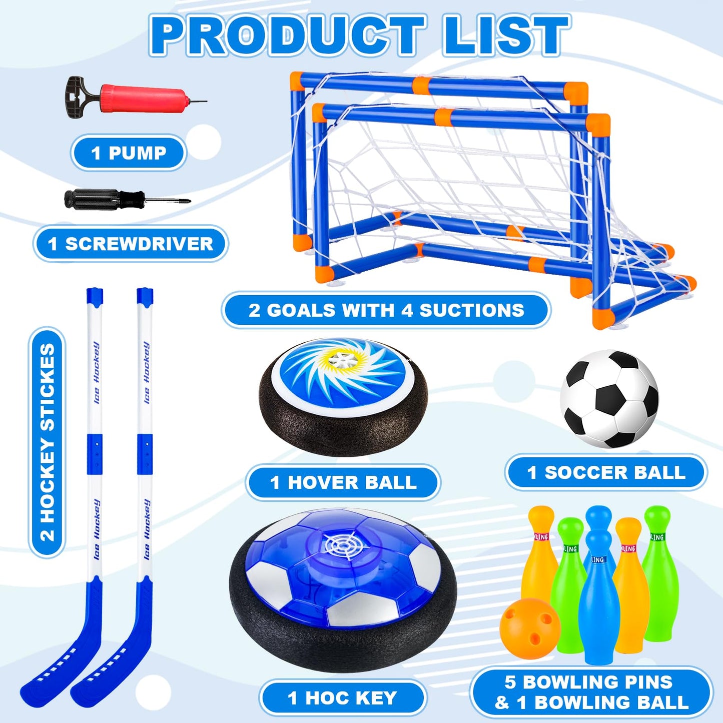 NEUBSAW 4-in-1 Hover Soccer Ball Hockey & Bowling Set, LED Air Floating Sports Toy for Indoor Outdoor Play for Kids Ages 3-12, Birthday for Boys Girls Toddlers
