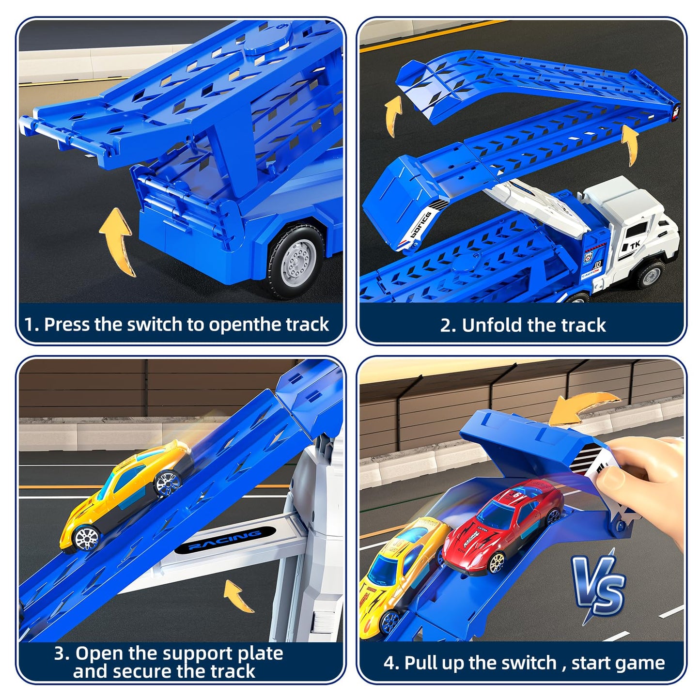 Transport Truck Toys for 3 4 5 6 7 Years Old Boys,Toys Cars Track Set Transporter Trucks with 12 Die-Cast Car Toys 2 Race catapults Dual-Track Model,Toddler Car Toy Set for Kids Boys Girls