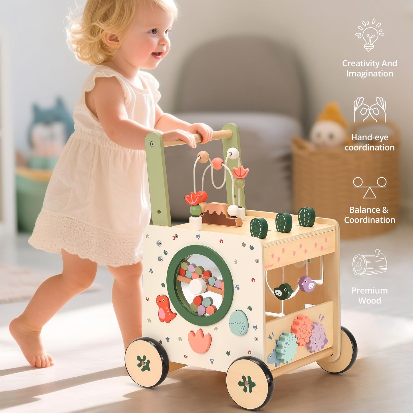 KizKnows Wooden Baby Push Walker 6-in-1 Dinosaur Activity Center for Toddlers Montessori Toys with Wheels Adjustable Speed with Brake & Shape Sorter Gifts for Boys Girls 12M+