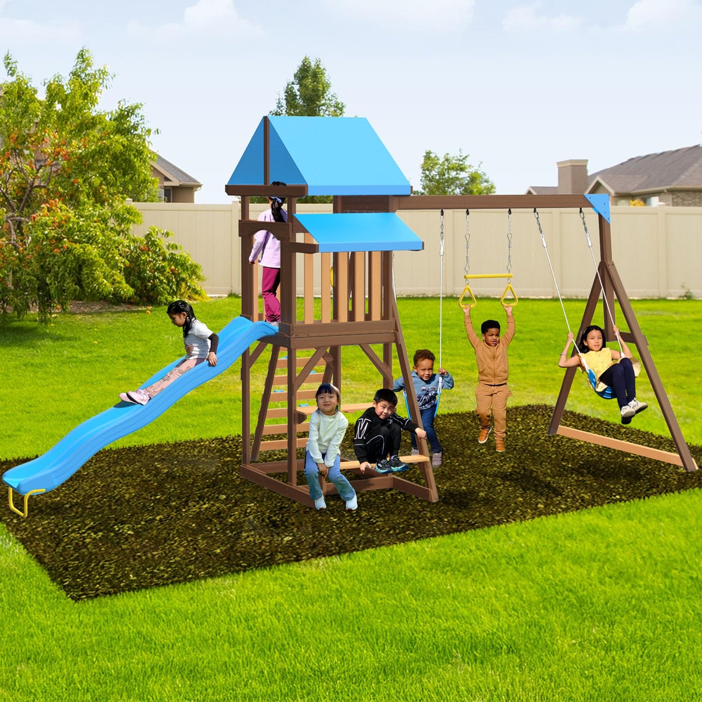 Sportspower Rosemont Wooden Swing Set with 8' Slide, 2 Adjustable Swings, Trapeze, Play Fort with Rock Climber, Sandbox, Picnic Table, Chalk Tarp & Anchor Kit, Outdoor Playset for Kids Ages 3–8