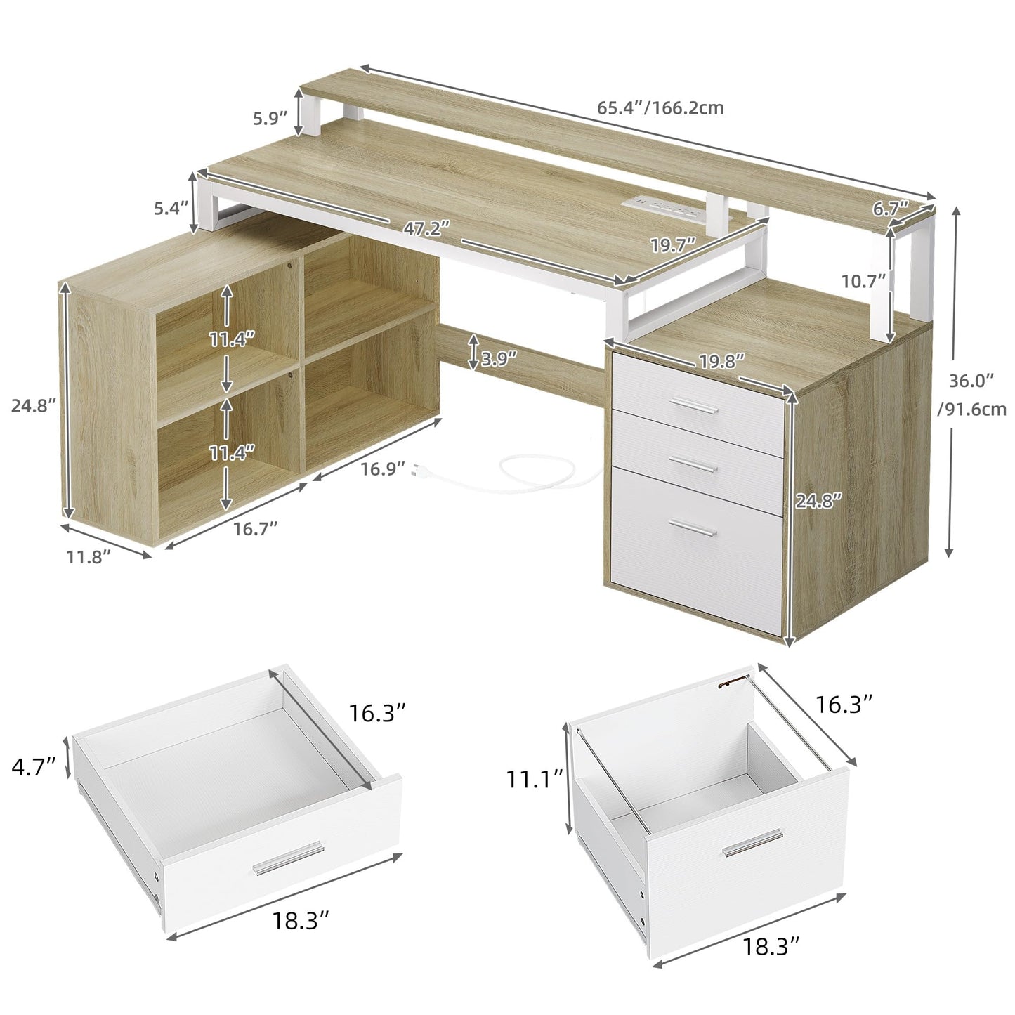 DWVO L Shaped Desk with Drawers, 65" Computer Desk with Power Outlets & LED Lights, Corner Home Office Desk with Storage Shelves & Printer Stand, White & Oak