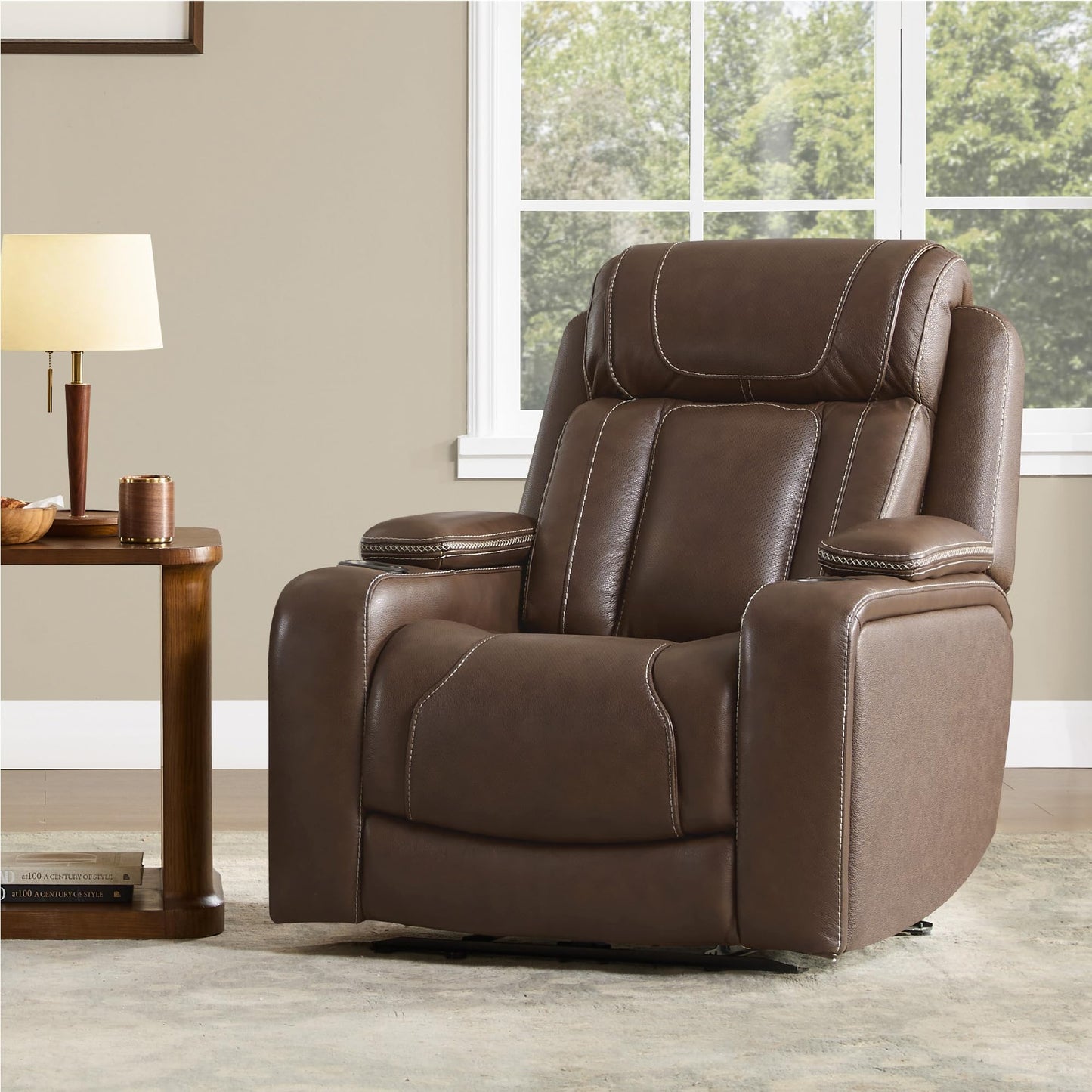 Watson & Whitely Genuine Leather Electric Recliner Chairs, Oversized Super Zero Gravity Recliner Triple-Motor W Adjustable Lumbar Headrest Support & Hidden Storage, Cafe Brown