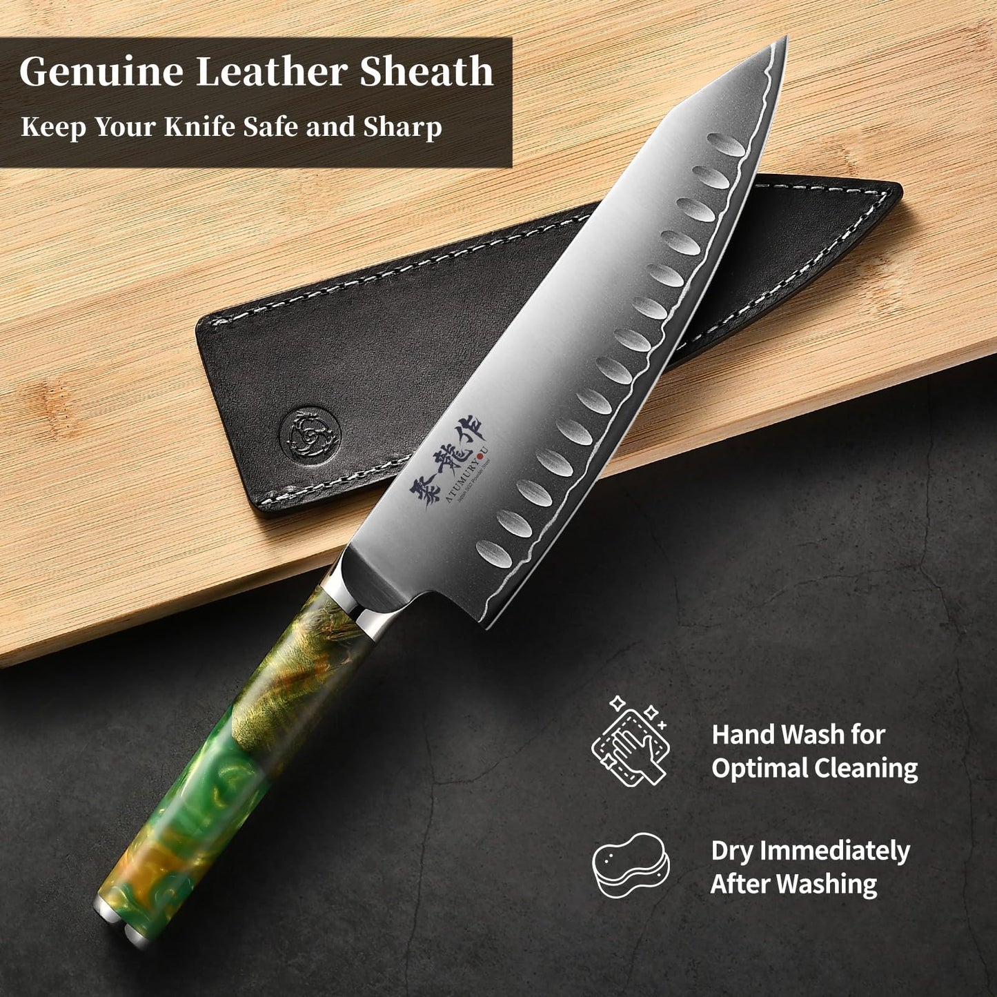 Japanese Chef Knife with SG2 Powder Steel, 8 Inch Professional Kitchen Knives, Handcrafted Kiritsuke Knife with Unique Jade Green Ergonomic Handle, Superior Edge Retention & Exceptional Durability